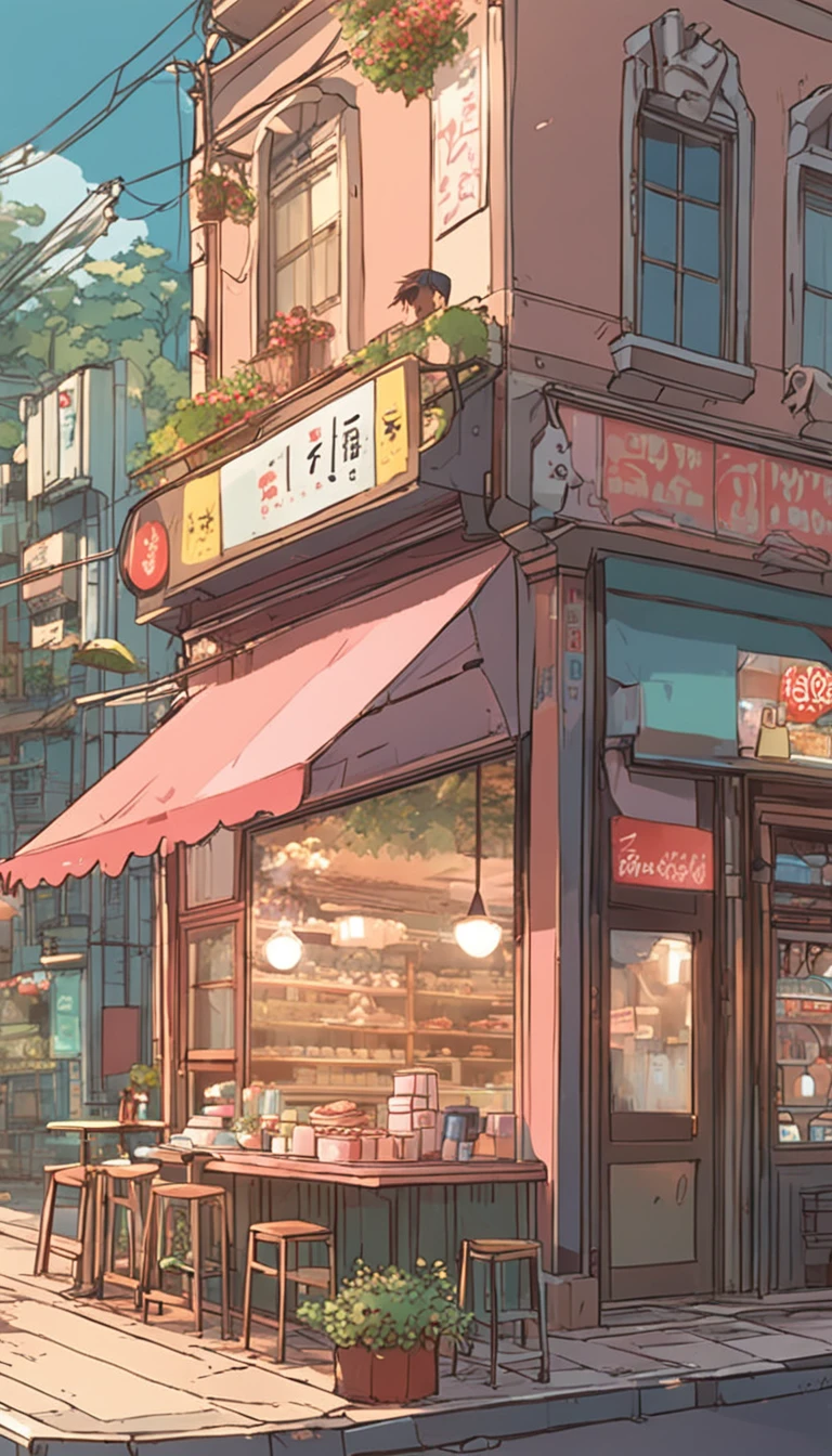 Anime - City street style scene, a woman waiting in front of a store, anime background art, detailed scenery - width 672, anime landscape concept art, anime style cityscape, Studio Ghibli anime style, Studio Ghibli art style, Studio Ghibli program, anime landscape, Studio Ghibli art style, Landscape artwork, Beautiful anime landscape, Forest city street, Ghibli art style, cake shop, cake shop, bakery cake shop, Makoto Shinkai style, Makoto Shinkai anime, Shinkai Makoto art style