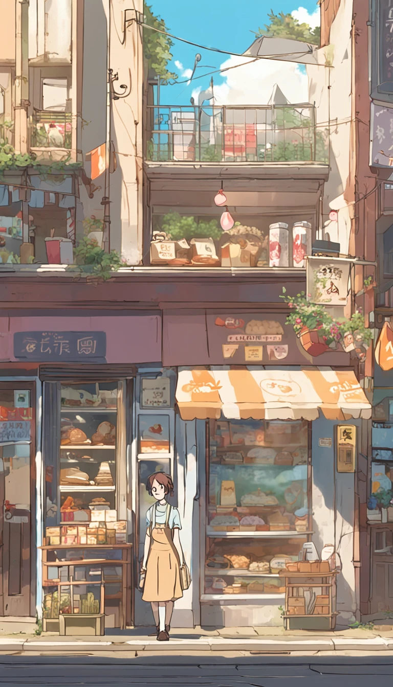 Anime - City street style scene, a woman waiting in front of a store, anime background art, detailed scenery - width 672, anime landscape concept art, anime style cityscape, Studio Ghibli anime style, Studio Ghibli art style, Studio Ghibli program, anime landscape, Studio Ghibli art style, Landscape artwork, Beautiful anime landscape, Forest city street, Ghibli art style, cake shop, cake shop, bakery cake shop, Makoto Shinkai style, Makoto Shinkai anime, Shinkai Makoto art style