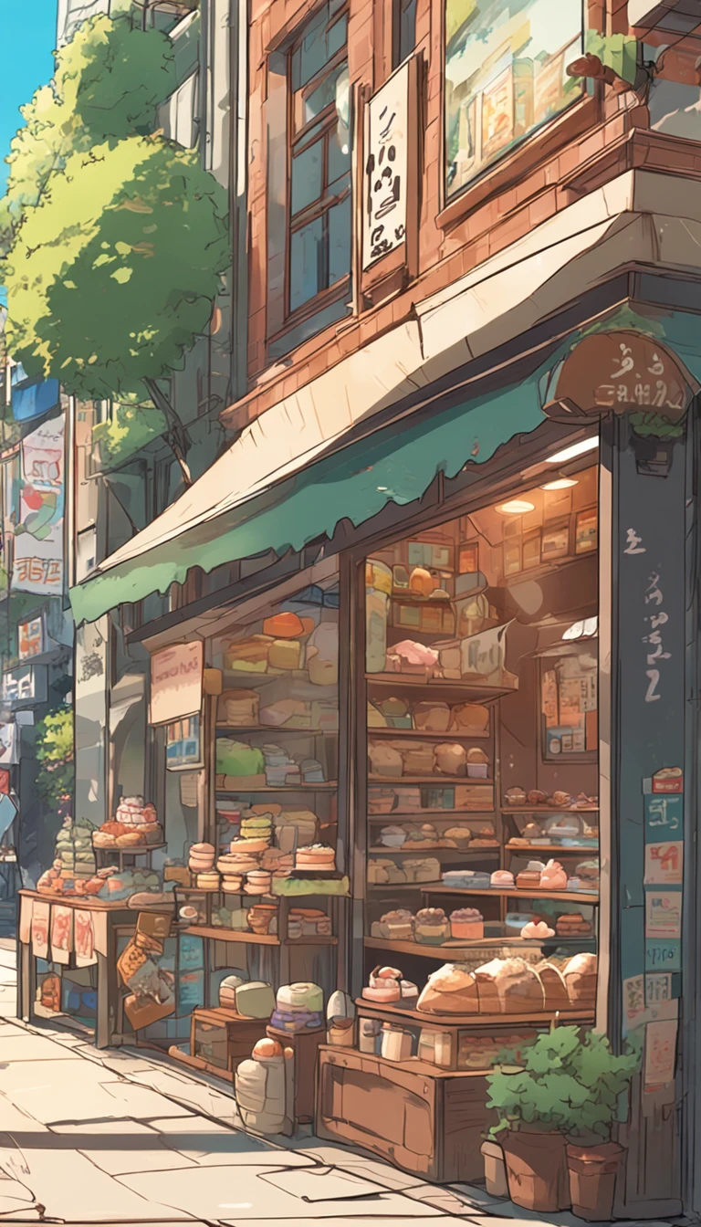 Anime - City street style scene, a woman waiting in front of a store, anime background art, detailed scenery - width 672, anime landscape concept art, anime style cityscape, Studio Ghibli anime style, Studio Ghibli art style, Studio Ghibli program, anime landscape, Studio Ghibli art style, Landscape artwork, Beautiful anime landscape, Forest city street, Ghibli art style, cake shop, cake shop, bakery cake shop, Makoto Shinkai style, Makoto Shinkai anime, Shinkai Makoto art style
