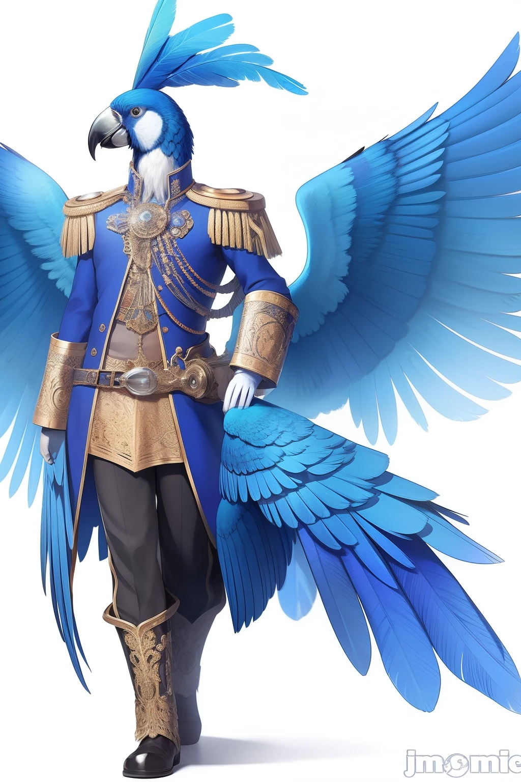Generate ultra-realistic steampunk images of majestic and beautiful blue parrots on white background. The parrot should be in an upright position, The wings spread slightly,The feather details are perfect. The image should look natural, It seems to have been taken by a professional photographer. Make sure the parrot's colors are vibrant and vibrant, Has a dark blue hue and shiny feathers. The white background should be uniform and distraction-free. Ademais, I ask you to make sure that the image has a high resolution,Suitable for printing or use on high-quality websites