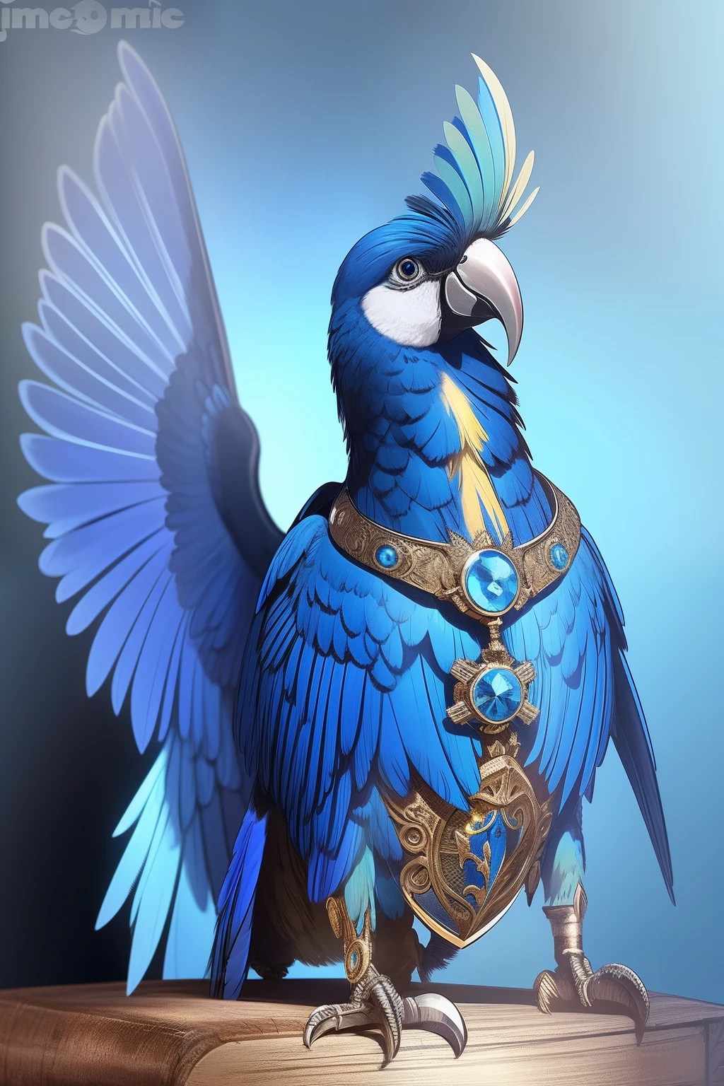 Generate ultra-realistic steampunk images of majestic and beautiful blue parrots on white background. The parrot should be in an upright position, The wings spread slightly,The feather details are perfect. The image should look natural, It seems to have been taken by a professional photographer. Make sure the parrot's colors are vibrant and vibrant, Has a dark blue hue and shiny feathers. The white background should be uniform and distraction-free. Ademais, I ask you to make sure that the image has a high resolution,Suitable for printing or use on high-quality websites