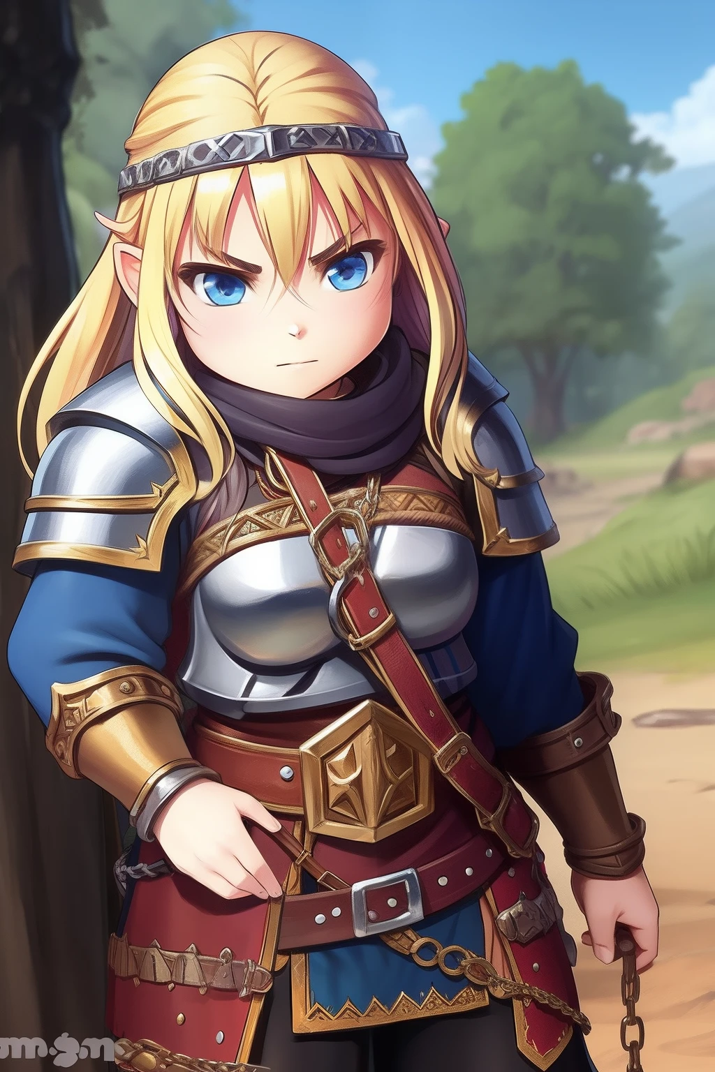 Female dwarf warrior in the center of the image, short body, Big head,Blonde hair and realistic beard, Big nose, Wear leather and chain mail, The characters at a glance, dwarf