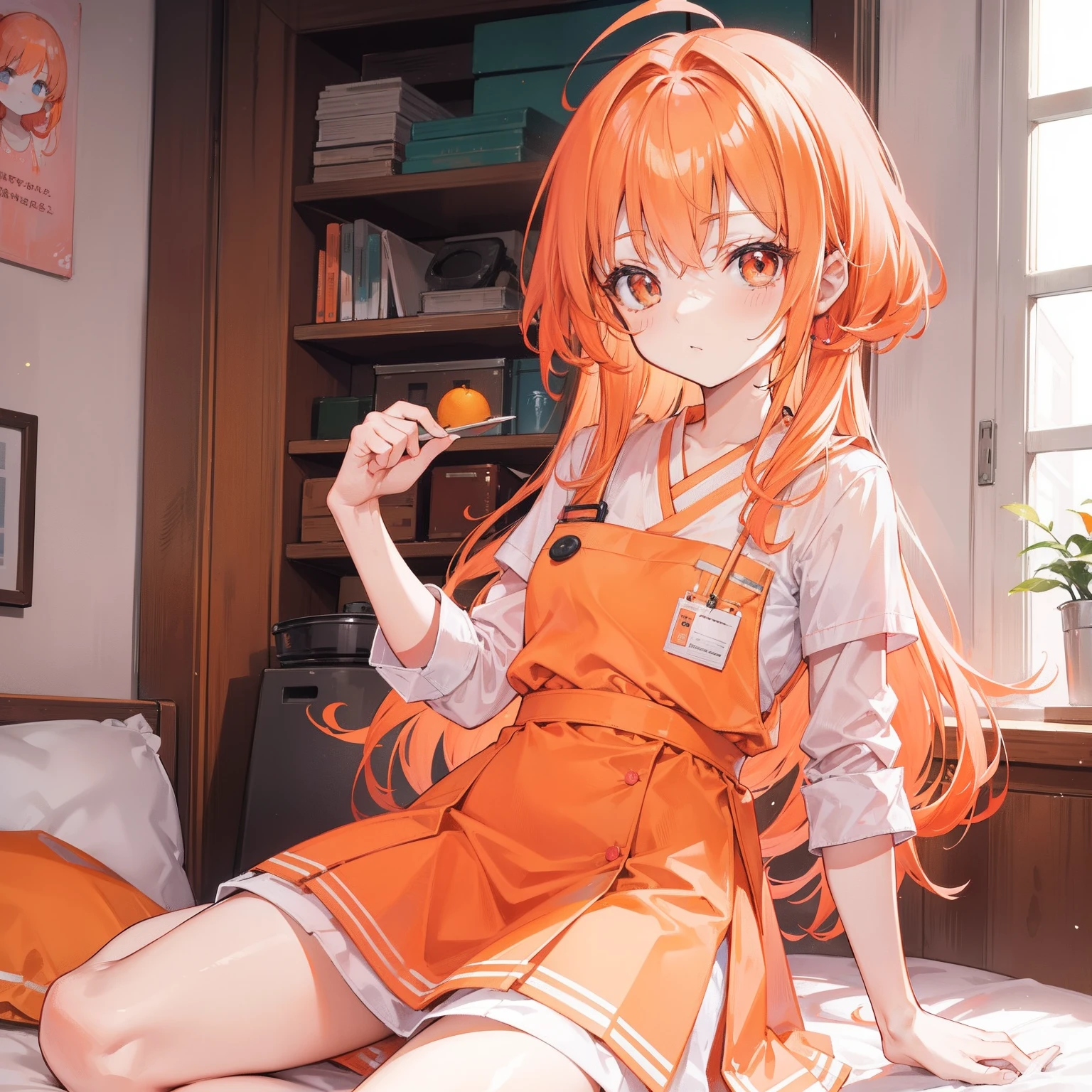 Long light orange hair,Wearing an orange-pink nurse's uniform,Petite and sweet girl