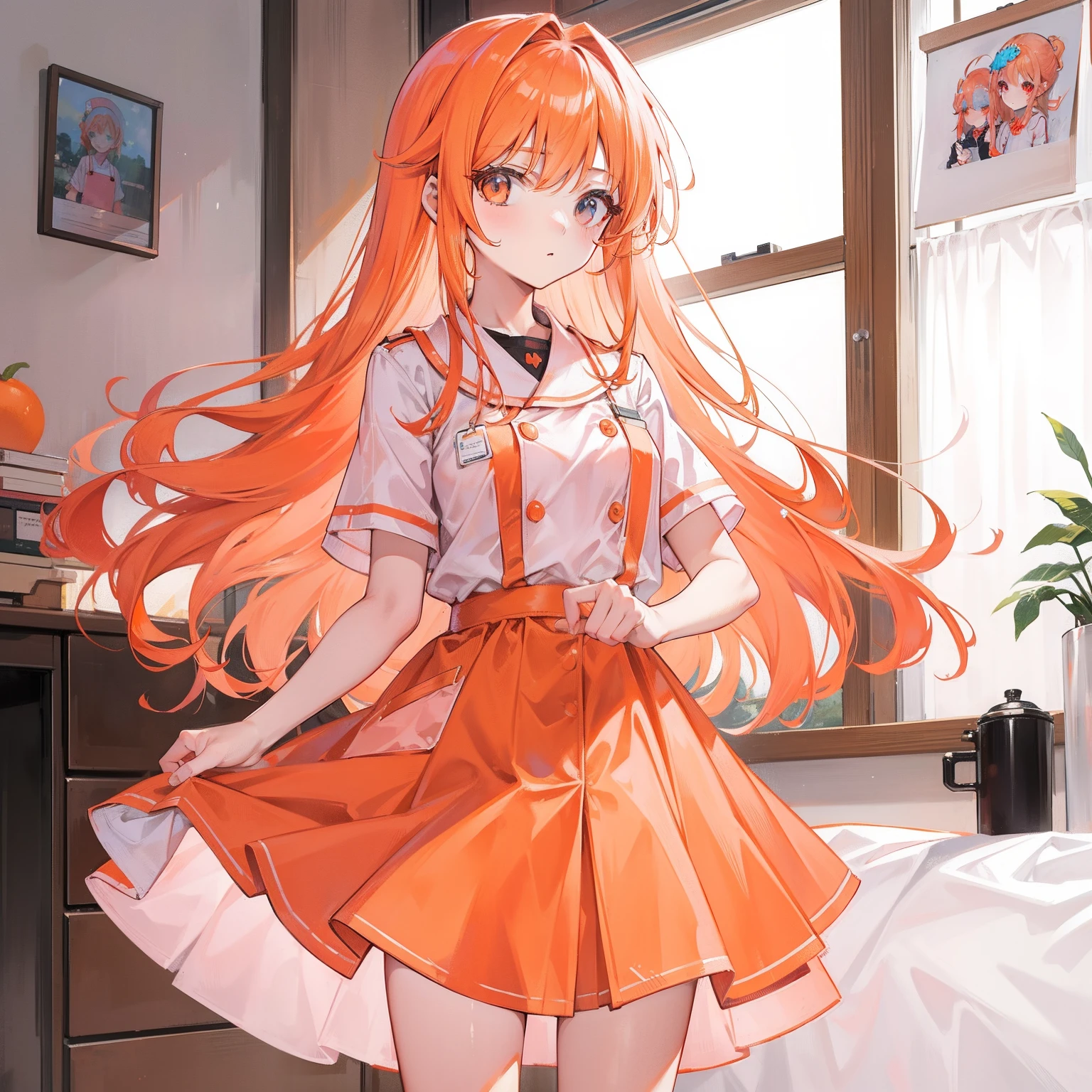 Long light orange hair,Wearing an orange-pink nurse's uniform,Petite and sweet girl