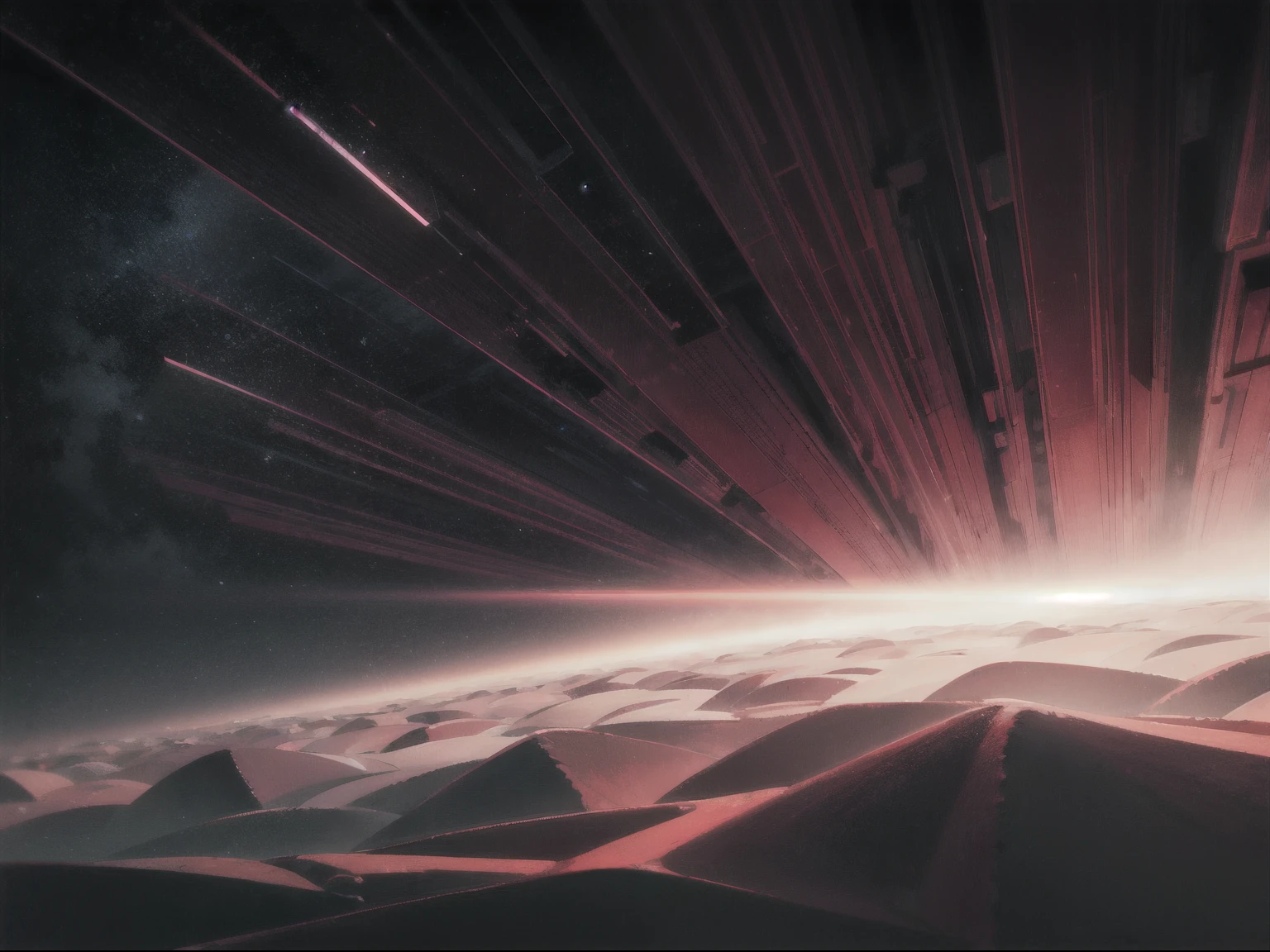 Huge red window pane，All-red geometric minimalist space style，Soft light effect，Light fog light flow，Light wave field，A hazy world，Red filter，Gradient transitions，Fantastic space atmosphere，asymmetrical，Strange angle shooting，Maximalism，anomalous，There is no main light source