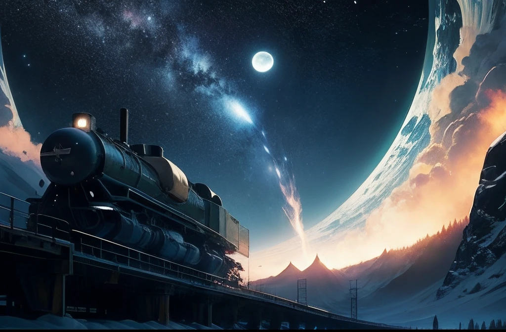 "Picture a scene set against the limitless canvas of the universe, awash with a myriad of twinkling stars. The Earth stands out prominently in the distance, its radiant blues and greens a beacon of life in the inky black void of space.
In the foreground, the moon's barren landscape comes to life in a manner never seen before. From its silvery craters and undulating terrain, there emerges an unexpected sight: a vintage steam locomotive. Its intricately designed, gleaming metalwork, and wooden carriages stand in stark contrast to the moon's surface. The train, despite its old-world charm, appears perfectly at home in this surreal setting. As it chugs along the moon's surface, it emits puffs of thick white steam, which dissipate almost instantly in the moon's thin atmosphere. The juxtaposition of this archaic mode of transport in such an otherworldly setting evokes a feeling of nostalgia combined with boundless imagination.
The undeniable allure of this image lies in its fusion of the past with the infinite possibilities of the future. The steam engine, a symbol of human invention and progress, ventures into the great unknown, with our home planet watching over from afar."