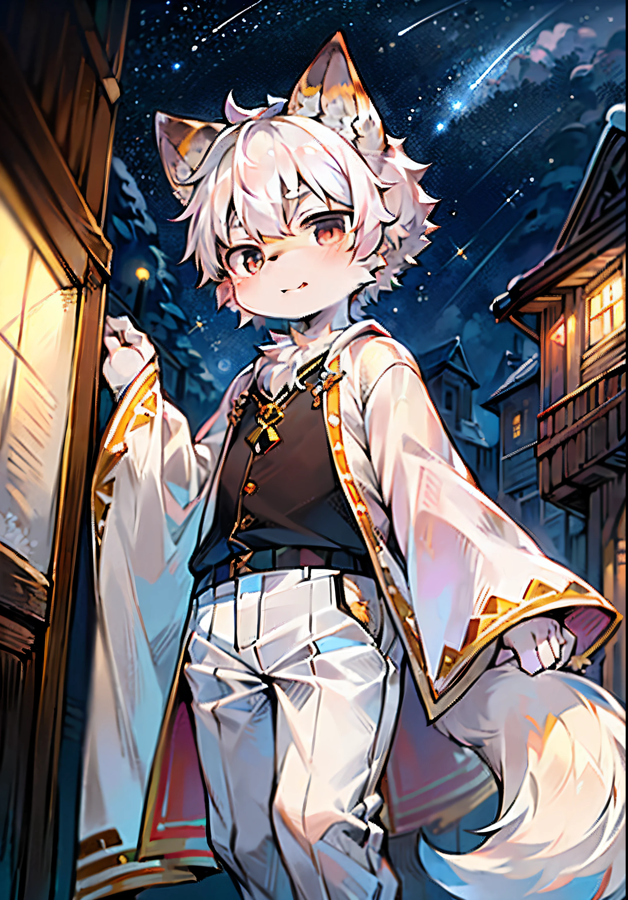 Unique,cannon,arctic fox,male,hairy,best quality,Shota,human nature,paw,hairy的尾巴,Golden Sun Rune,Lovely,Sparkling golden eyes,Sitting on the bed,White socks,Three Point Perspective
