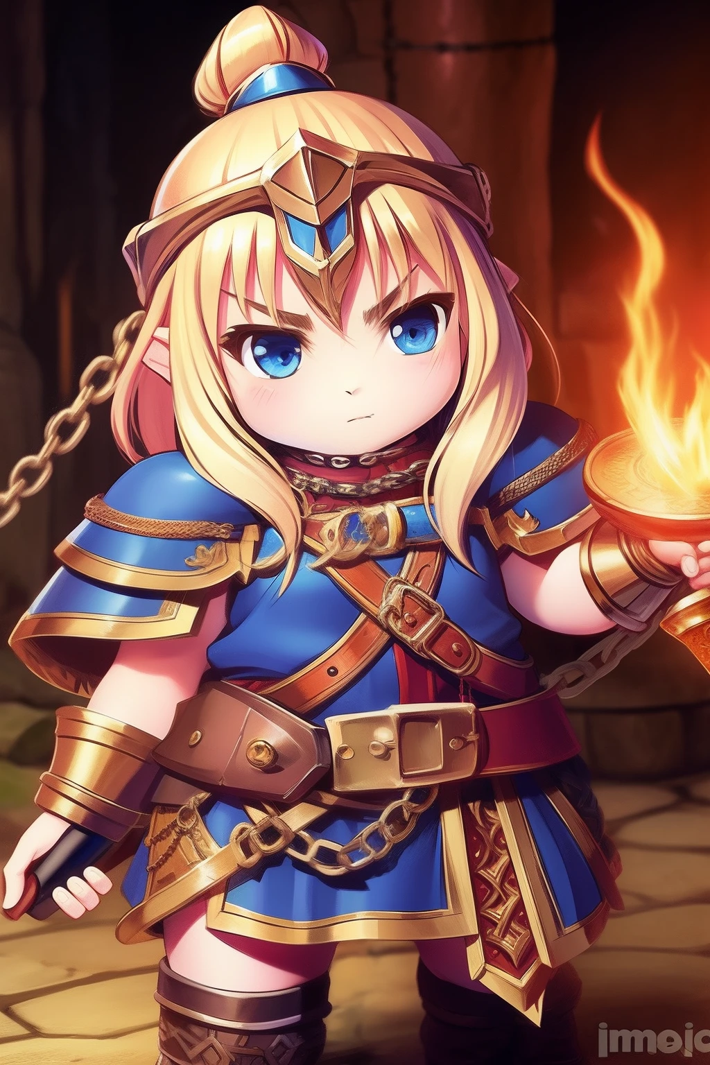 Female dwarf warrior in the center of the image, short body, Big head,Blonde hair and realistic beard, Big nose, Wear leather and chain mail, The characters at a glance, dwarf