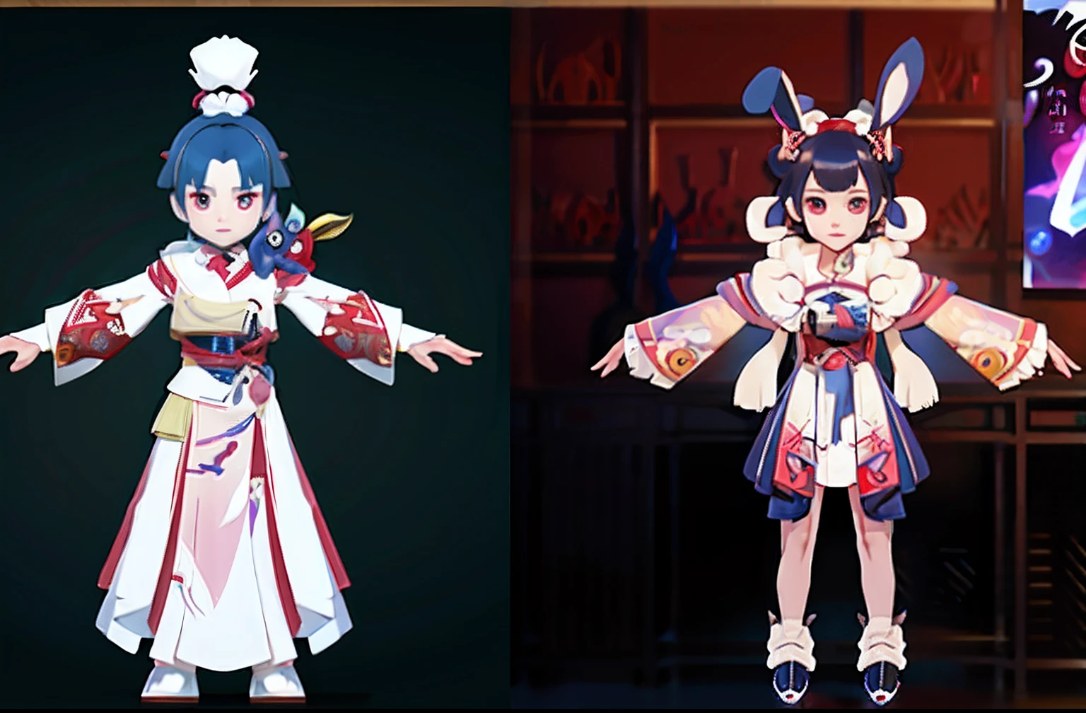 There are two different versions of the woman in costume, Stylized anime, Game character design, lunar themed attire, character design, Onmyoji detailed art, high quality character design, Anime Stylization, 《azur lane》role, several character designs, Detailed characters, full character design, medium shot of two characters, human game protagonist designs