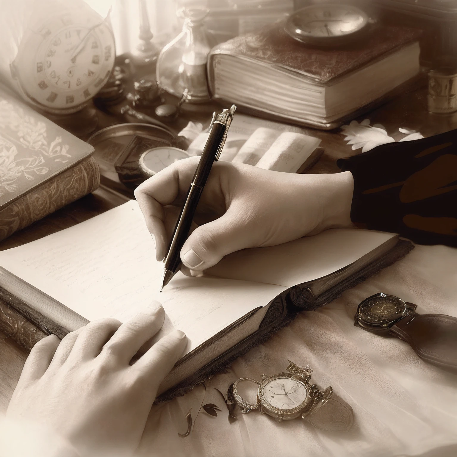 Em 1899, a young woman writing in a notebook with a pen and a watch, writing in journal, escrever uma carta, Escritos, diary on her hand, livros antigos e caneta de mergulho, manuscrito, papel e caneta, full page writings, estudo elegante, roteirista, Sepia, Vinheta pesada!, alta - res, alta resolução, compositor, Steampunk Fiction, historical fiction, concept piece, fotor ealsita, cinematic