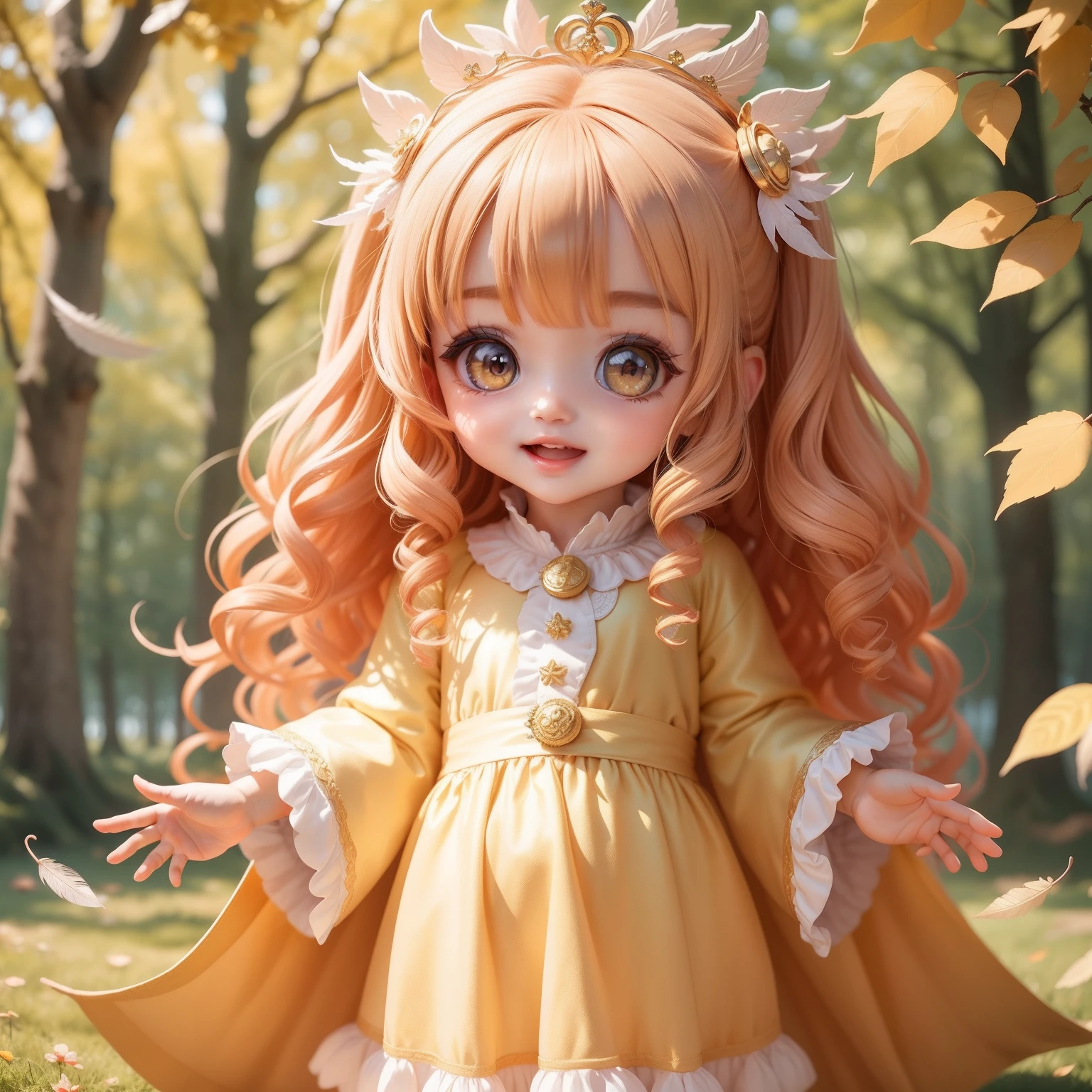 Cute  Chibi Anime,Super masterpiece, top-quality, Ultra-detailed, girl1、（（（Chibi）））、Golden curly hair、fashion modell、Heavenly daughter、Feather robe of the heavenly maiden、Open your mouth and smile、Looking at the camera、Fulll body Shot、Forests and lakes in the magical land of autumn fairy tales