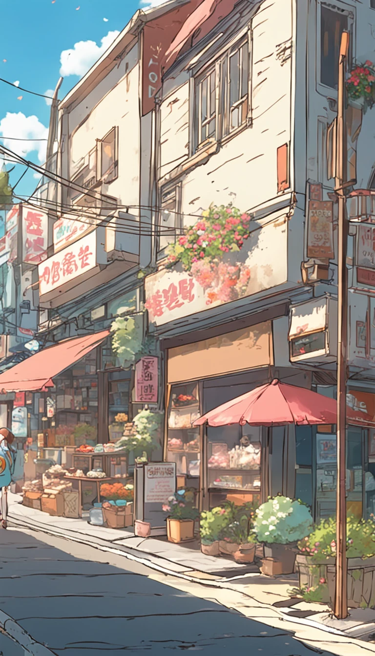 Anime - City street style scene, a woman waiting in front of a store, anime background art, detailed scenery - width 672, anime landscape concept art, anime style cityscape, Studio Ghibli anime style, Studio Ghibli art style, Studio Ghibli program, anime landscape, Studio Ghibli art style, Landscape artwork, Beautiful anime landscape, Forest city street, Ghibli art style, cake shop, cake shop, bakery cake shop, Makoto Shinkai style, Makoto Shinkai anime, Shinkai Makoto art style