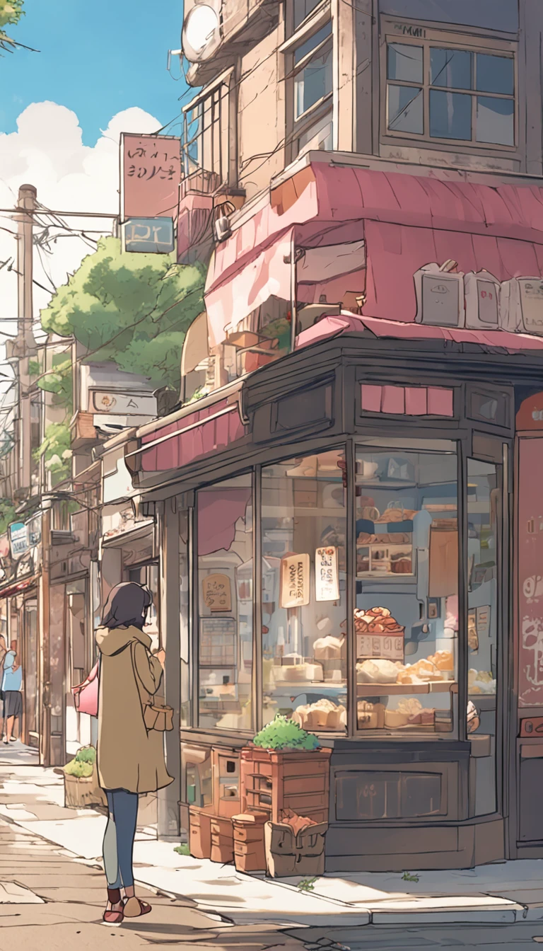 Anime - City street style scene, a woman waiting in front of a store, anime background art, detailed scenery - width 672, anime landscape concept art, anime style cityscape, Studio Ghibli anime style, Studio Ghibli art style, Studio Ghibli program, anime landscape, Studio Ghibli art style, Landscape artwork, Beautiful anime landscape, Forest city street, Ghibli art style, cake shop, cake shop, bakery cake shop, Makoto Shinkai style, Makoto Shinkai anime, Shinkai Makoto art style