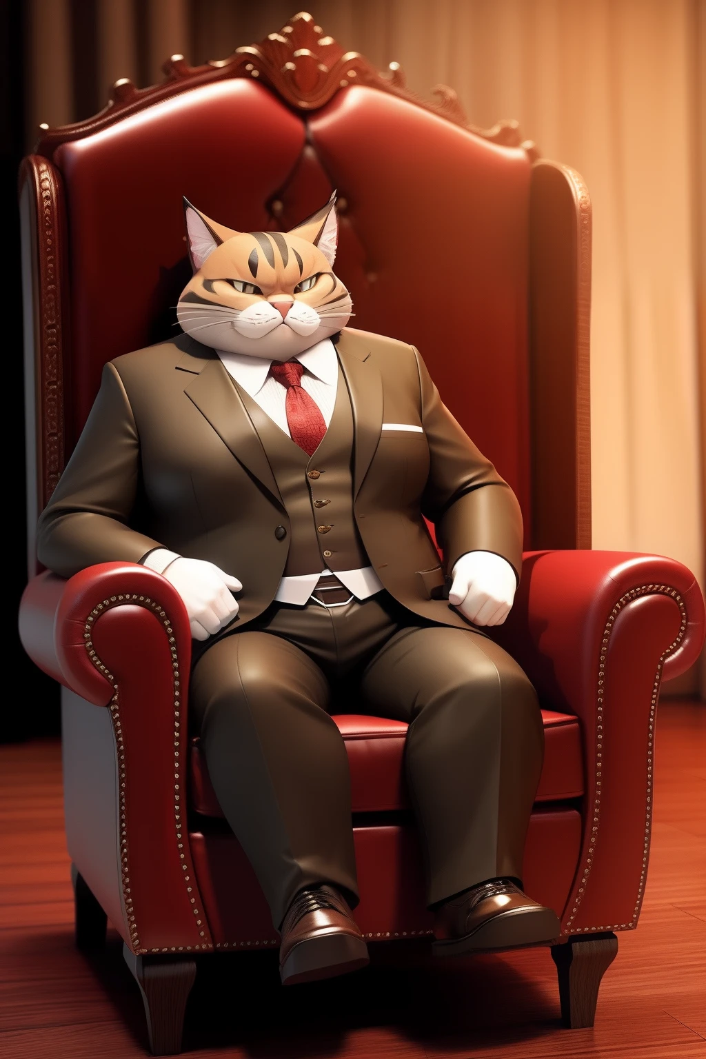 An old fat mafia tomcat sitting in a leather armchair, 3D video rendering, pixar character