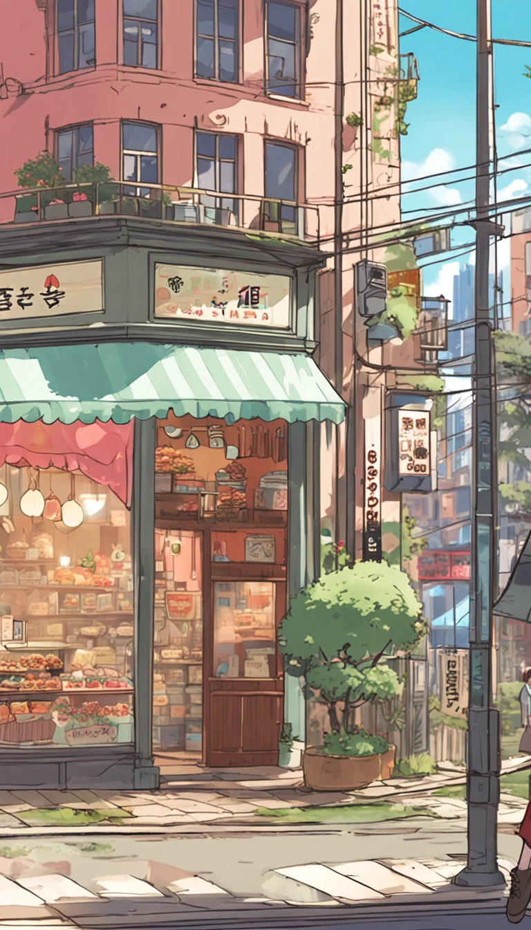 Anime - City street style scene, a woman waiting in front of a store, anime background art, detailed scenery - width 672, anime landscape concept art, anime style cityscape, Studio Ghibli anime style, Studio Ghibli art style, Studio Ghibli program, anime landscape, Studio Ghibli art style, Landscape artwork, Beautiful anime landscape, Forest city street, Ghibli art style, cake shop, cake shop, bakery cake shop, Makoto Shinkai style, Makoto Shinkai anime, Shinkai Makoto art style