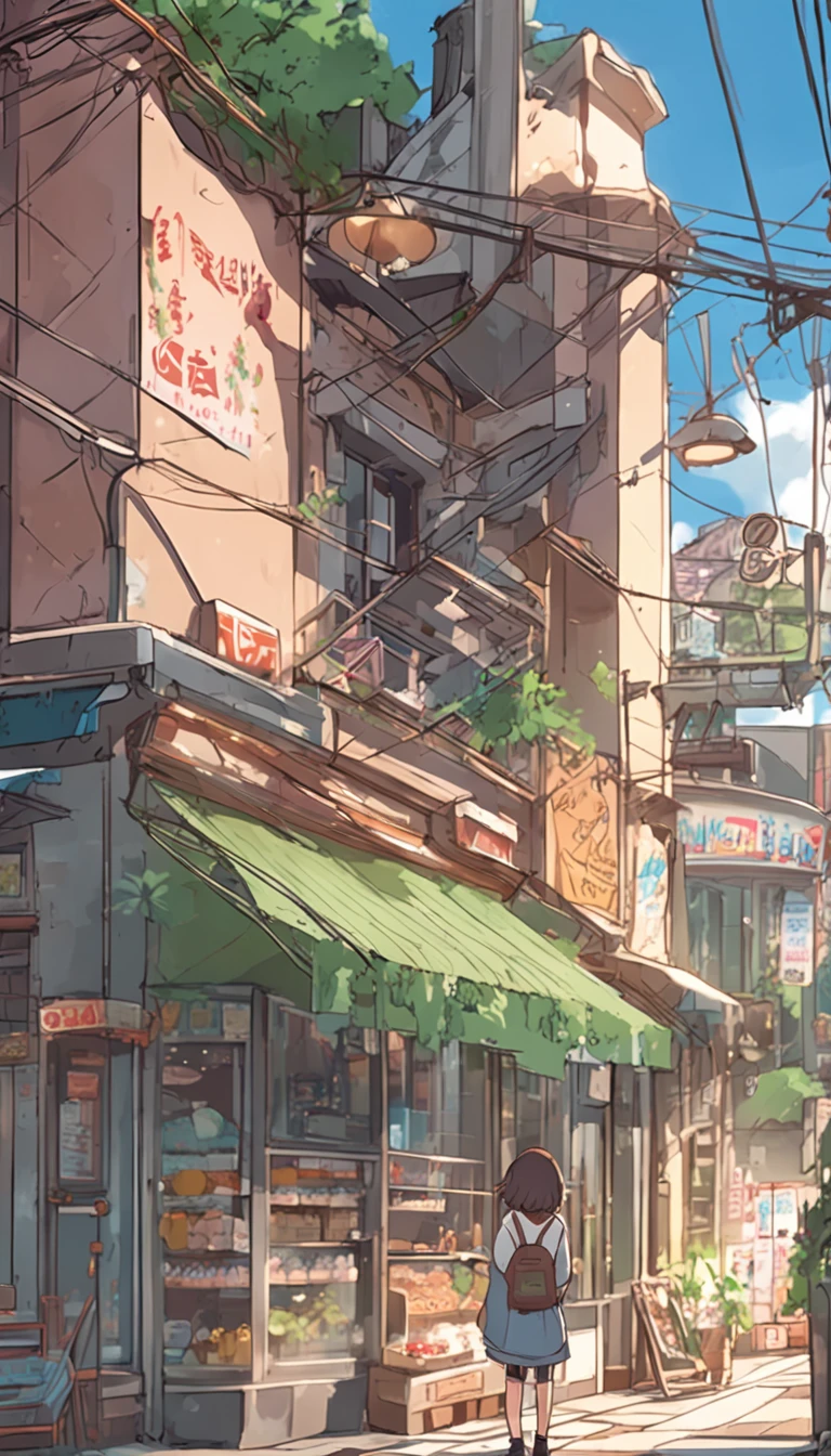 Anime - City street style scene, a woman waiting in front of a store, anime background art, detailed scenery - width 672, anime landscape concept art, anime style cityscape, Studio Ghibli anime style, Studio Ghibli art style, Studio Ghibli program, anime landscape, Studio Ghibli art style, Landscape artwork, Beautiful anime landscape, Forest city street, Ghibli art style, cake shop, cake shop, bakery cake shop, Makoto Shinkai style, Makoto Shinkai anime, Shinkai Makoto art style