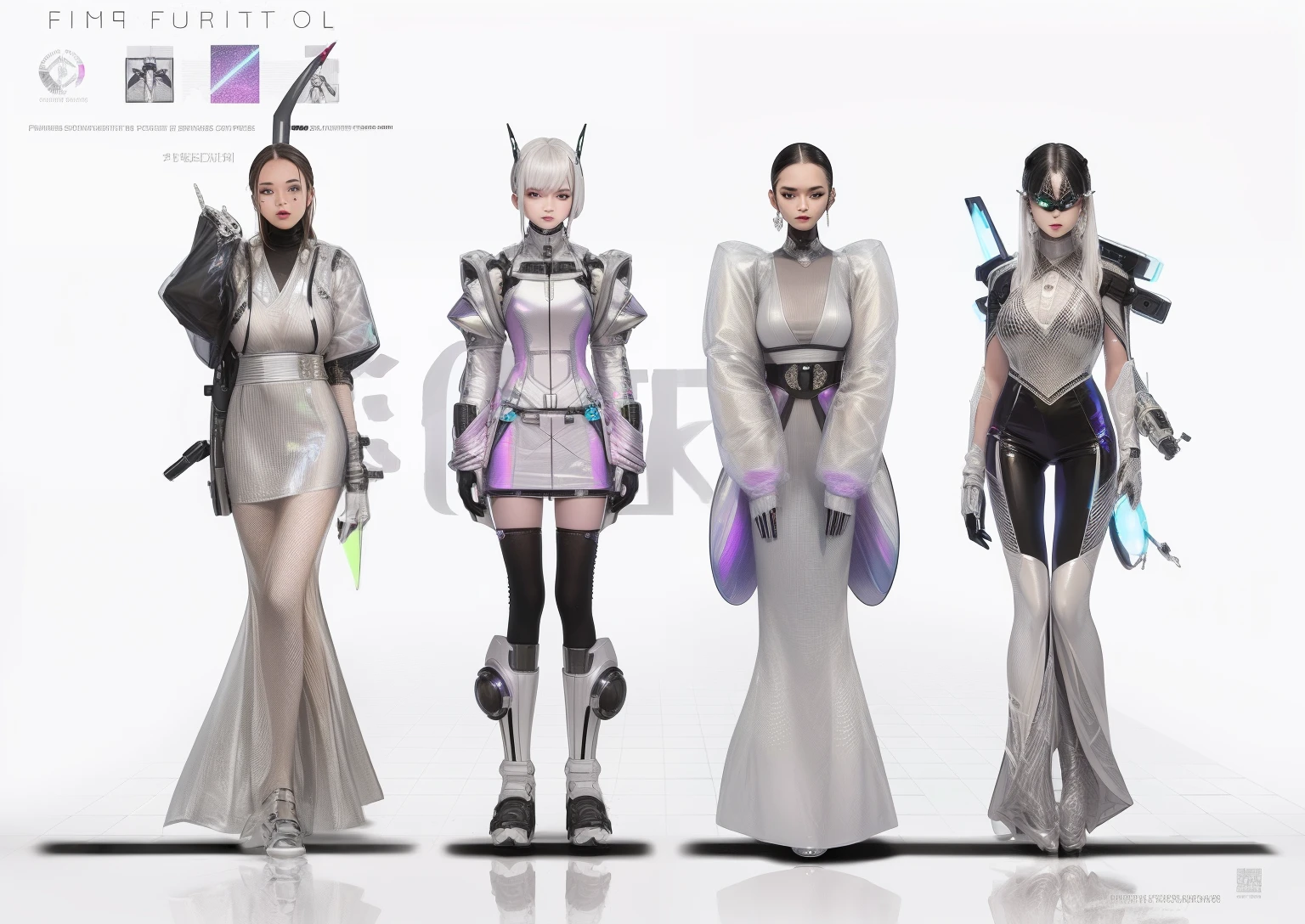 Close-up of a group of women in futuristic outfits, Cypherpunk fashion illustration, lunar themed attire, futuristic cyber clothing, futuristic outfit, Futuristic clothing, futuristic outfit, wearing futuristic clothing, biopunk futuristic wardrobe, wearing futuristic, futuristic fashion, iridescent sci-fi kimono, clothes from the future, futuristic tech wear, sci-fi tibetan fashion, futuristic fashion clothing