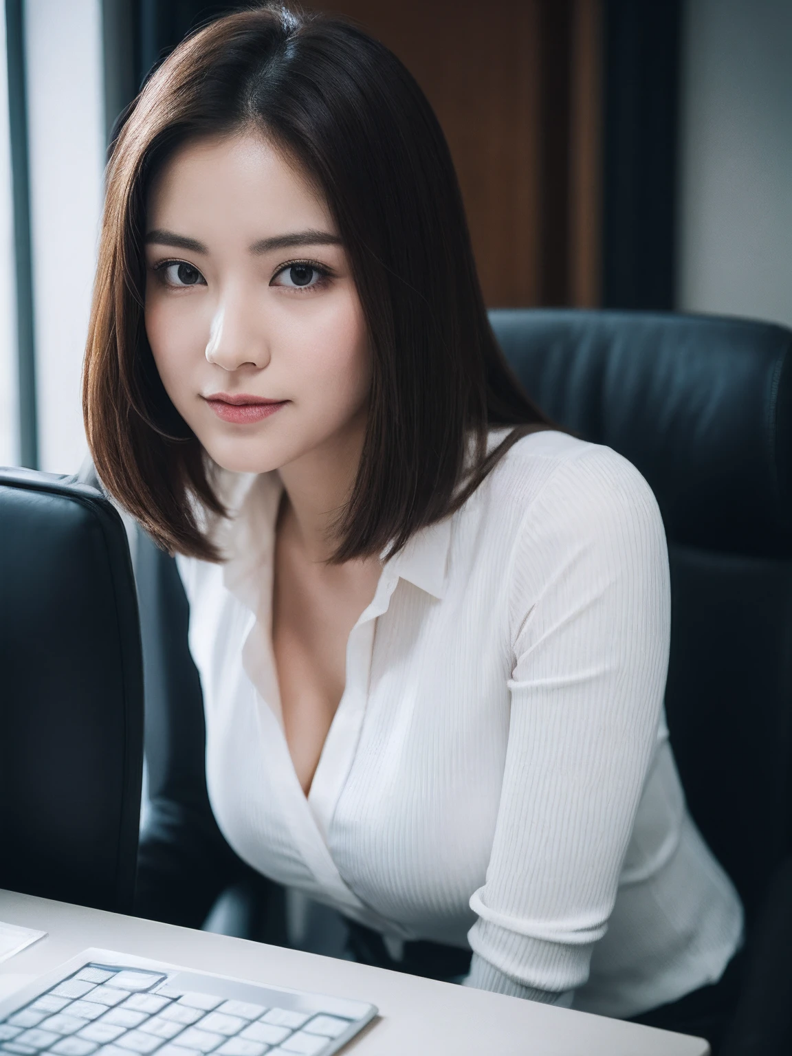 (girl with: 1.6), (Lola:RussianDoll:0.4), (Lola:TaiwanDoll:0.4), (Best Quality, 8K, masutepiece: 1.3), Focus 1.2, Perfect Body Beauty: 1.4, Highly detailed face and skin texture, Delicate eyes, Double eyelids, Whitened skin, long hair split edges, (Round face: 1.4), gaze at the audience, Tooth leakage and smile, Sit next to the audience, window, (Full body: 1.1), Secretary, assistant, Black business suit, large full breasts,You can see the cleavage of the blouse,Using a computer to sit in an office in a skyscraper, a computer, printer, desk work, Office Chair, document, folder, a computer, Note PC, mobile phone,
