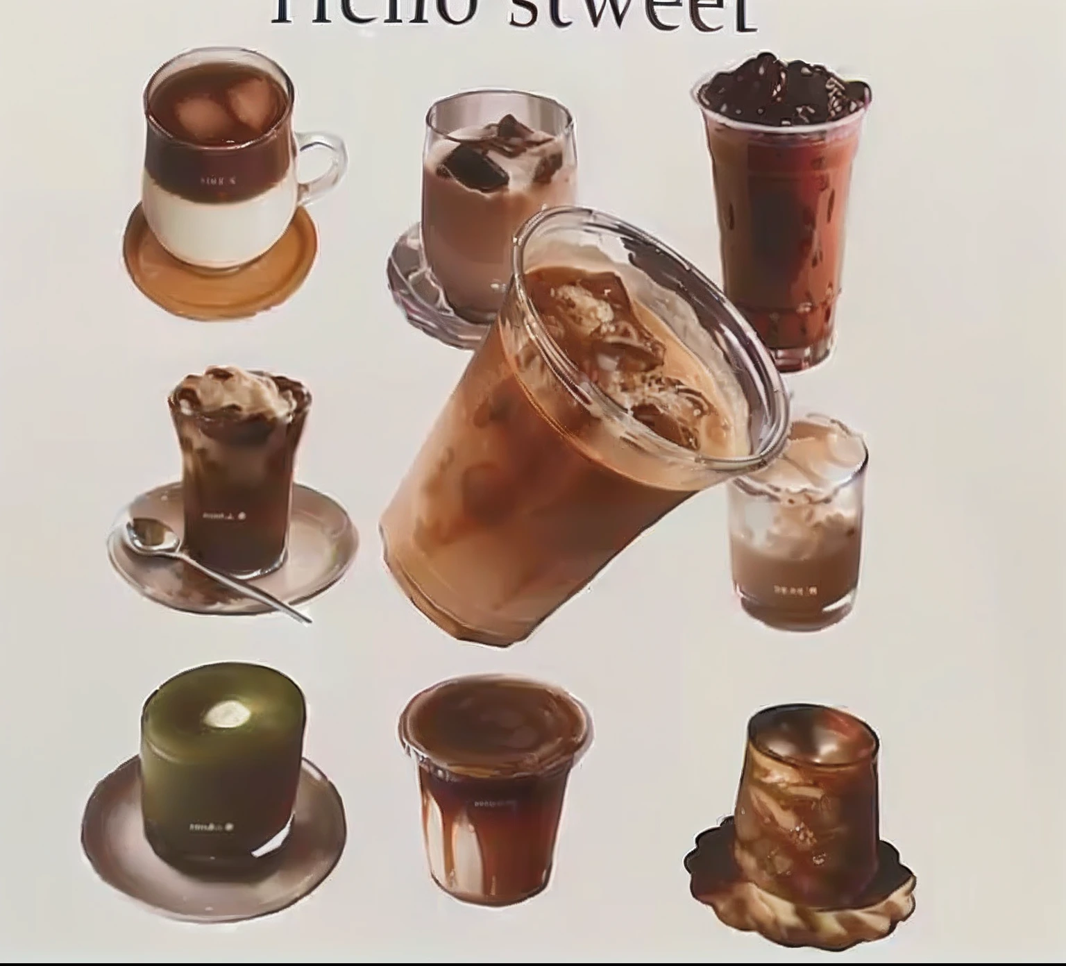 There are many different kinds of coffee and drinks on this table, milk and mocha style, ice coffee, colored milk tea, Confectionery, author：Kiichiro Ishikawa, Cafe, iced latte, fuji choco, slush)), eiko ishioka, cafe shop, author：Takeji Fujishima, cold drink, cold brew coffee ), style of yoshii chie