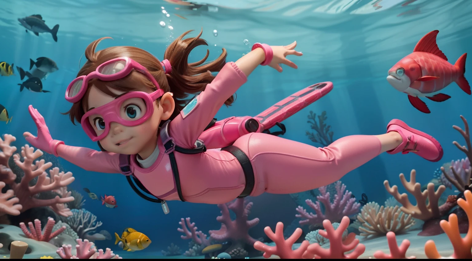 "High quality, masterpiece, a 5-year-old little girl, brown hair, pink diving suit, pink diving pants, pink diving gloves, pink diving shoes, wearing goggles on the face, swimming towards the camera, underwater, ocean floor, coral reef, fish."