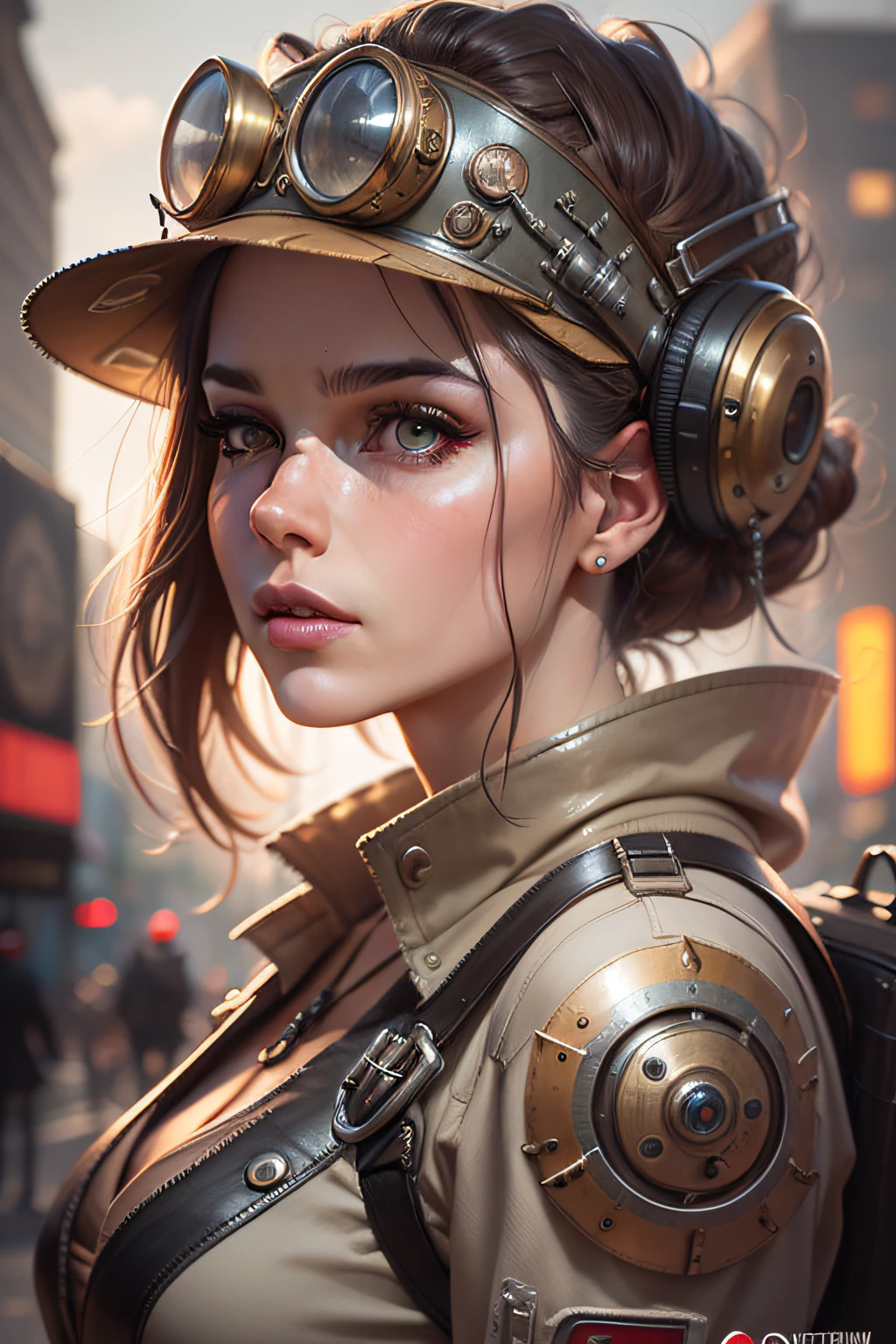 A middle-aged American woman, Serious, Not sexy, With steam power helmet, Portrait of a mechanical woman, steampunk concept art, digital steampunk art, arte steampunk de alta qualidade, wojtek fus, steampunk digital art, detailed steampunk illustration, portrait of a mechanical girl, Steampunk art, estilo de arte dieselpunk, Cyberpunk Steampunk, estilo de fantasia steampunk, Highly Detailed 4K Digital Art, Sci-fi steampunk, realistic 4k digital art, realistic 4k digital art, wojtek fus, Highly Detailed 4K Digital Art, Cyber steampunk 8K 3D, digital steampunk art, 8k realistic digital art, Detailed digital art in 4K, ultra realistic 8k cyberpunk art, ultra realistic concept art,