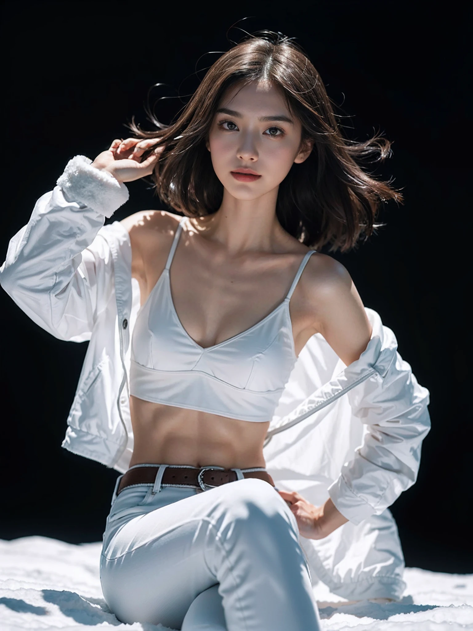 ((smallunderboob,Tomboyish,small heads)), (Well-defined abs: 1.1), (perfect bodies: 1.1), (short-length straighthair: 1.2), Black hair,attractive collarbone，（极其细致的CG 8k壁纸），（Extremely refined and beautiful），（tmasterpiece），（best qualtiy：1.0），（超高分辨率：1.0），upper body photos，[A high resolution]，A beautyful girl，cheerfulness，ssmile，Smooth and flawless fair skin，ultra - detailed ，Elongated legs，flatchest，Slim，emaciated，Winters，atarctive，Frozen，Long white down jacket，Open，White bra，short white pants，Ride a giant polar bear，Perfect details of realistic polar bears，Close-up，the night，starrysky，aurora borealis