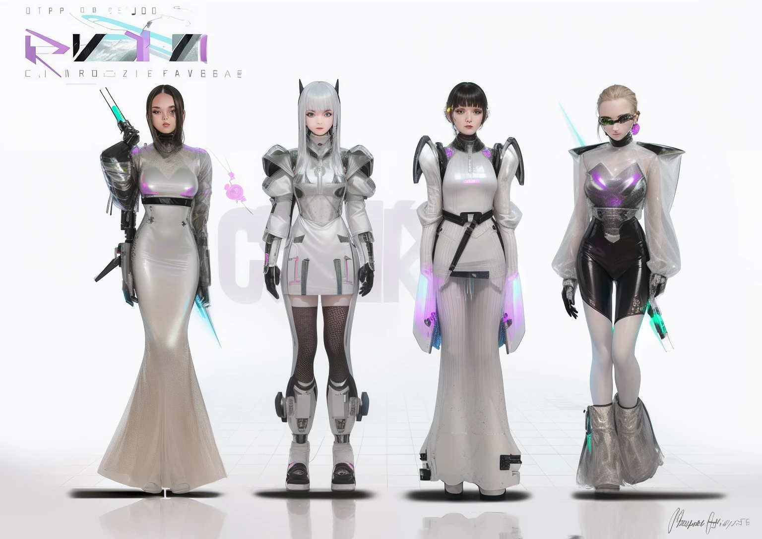 Close-up of a group of women in futuristic outfits, Cypherpunk fashion illustration, lunar themed attire, futuristic cyber clothing, futuristic outfit, Futuristic clothing, futuristic outfit, wearing futuristic clothing, biopunk futuristic wardrobe, wearing futuristic, futuristic fashion, iridescent sci-fi kimono, clothes from the future, futuristic tech wear, sci-fi tibetan fashion, futuristic fashion clothing