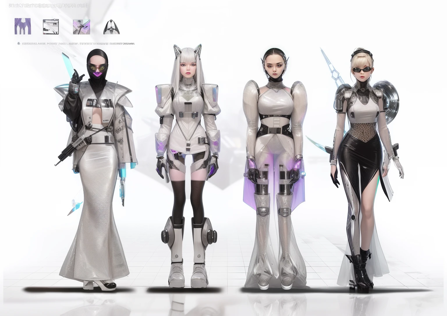 Close-up of a group of women in futuristic outfits, Cypherpunk fashion illustration, lunar themed attire, futuristic cyber clothing, futuristic outfit, Futuristic clothing, futuristic outfit, wearing futuristic clothing, biopunk futuristic wardrobe, wearing futuristic, futuristic fashion, iridescent sci-fi kimono, clothes from the future, futuristic tech wear, sci-fi tibetan fashion, futuristic fashion clothing
