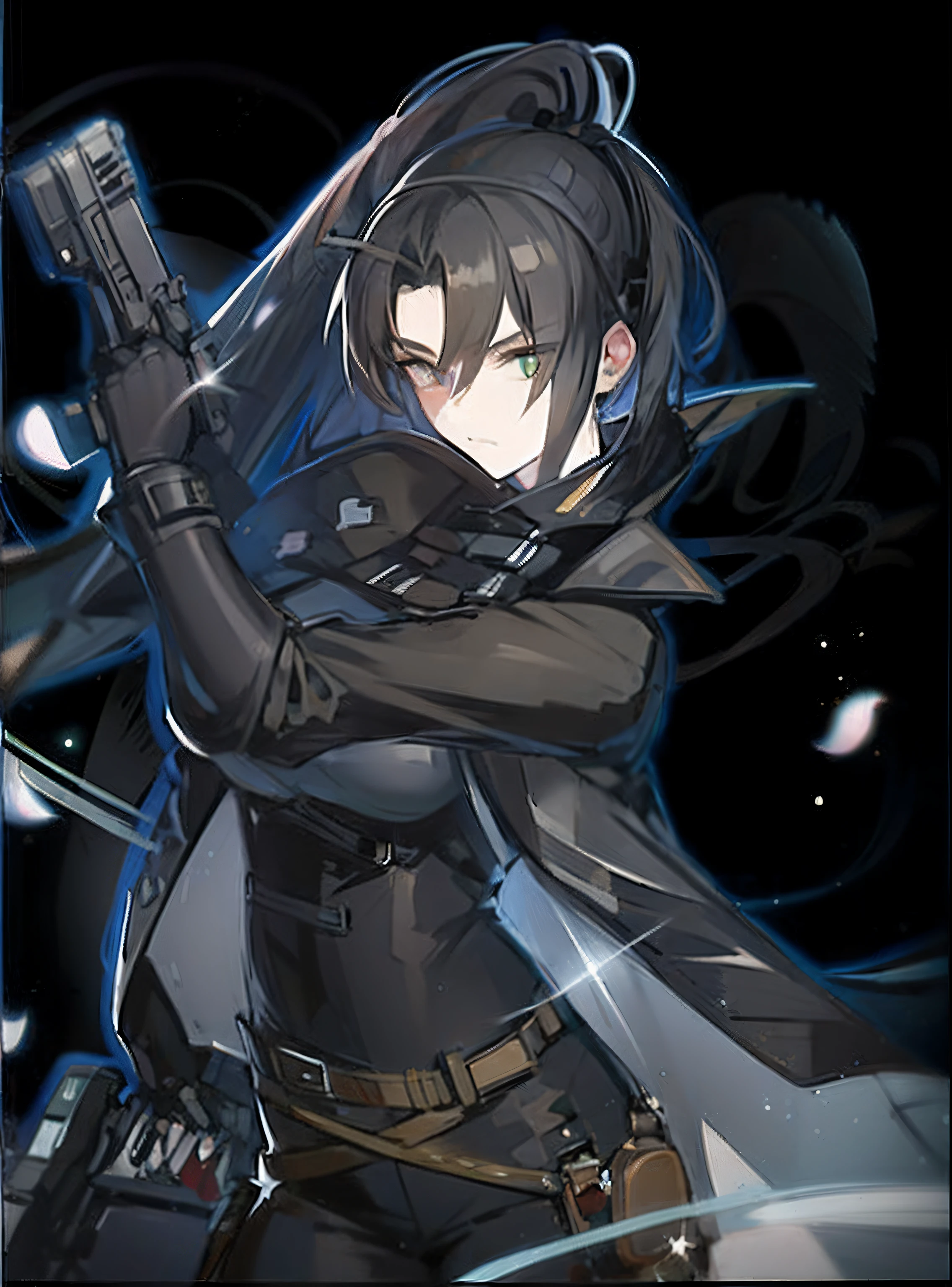 Anime girl with gun in hand and black background, from girls frontline, From Arknights, girls frontline style, girls frontline universe, Kirito, an edgy teen assassin, Female protagonist 👀 :8, Fine details. Girl Front, Girls Frontline CG, trigger anime artstyle, Girl Front, gapmoe yandere grimdark, clothed in stealth armor （tmasterpiece）， （best qualtiy）， （ultra - detailed）， scaramouche（Wanderers）， front look， looki at viewer， The upper part of the body， blossoms， Flowingcolors， mostly cloudy sky，