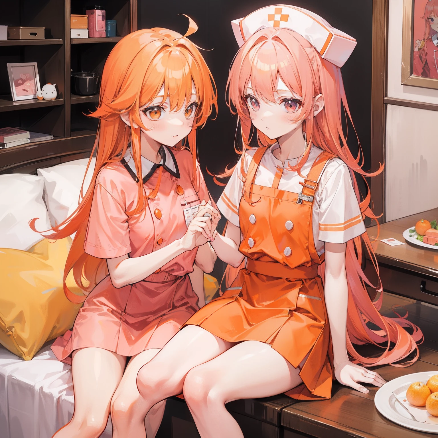 Long light orange hair，Wearing an orange-pink nurse's uniform，Petite and sweet girl