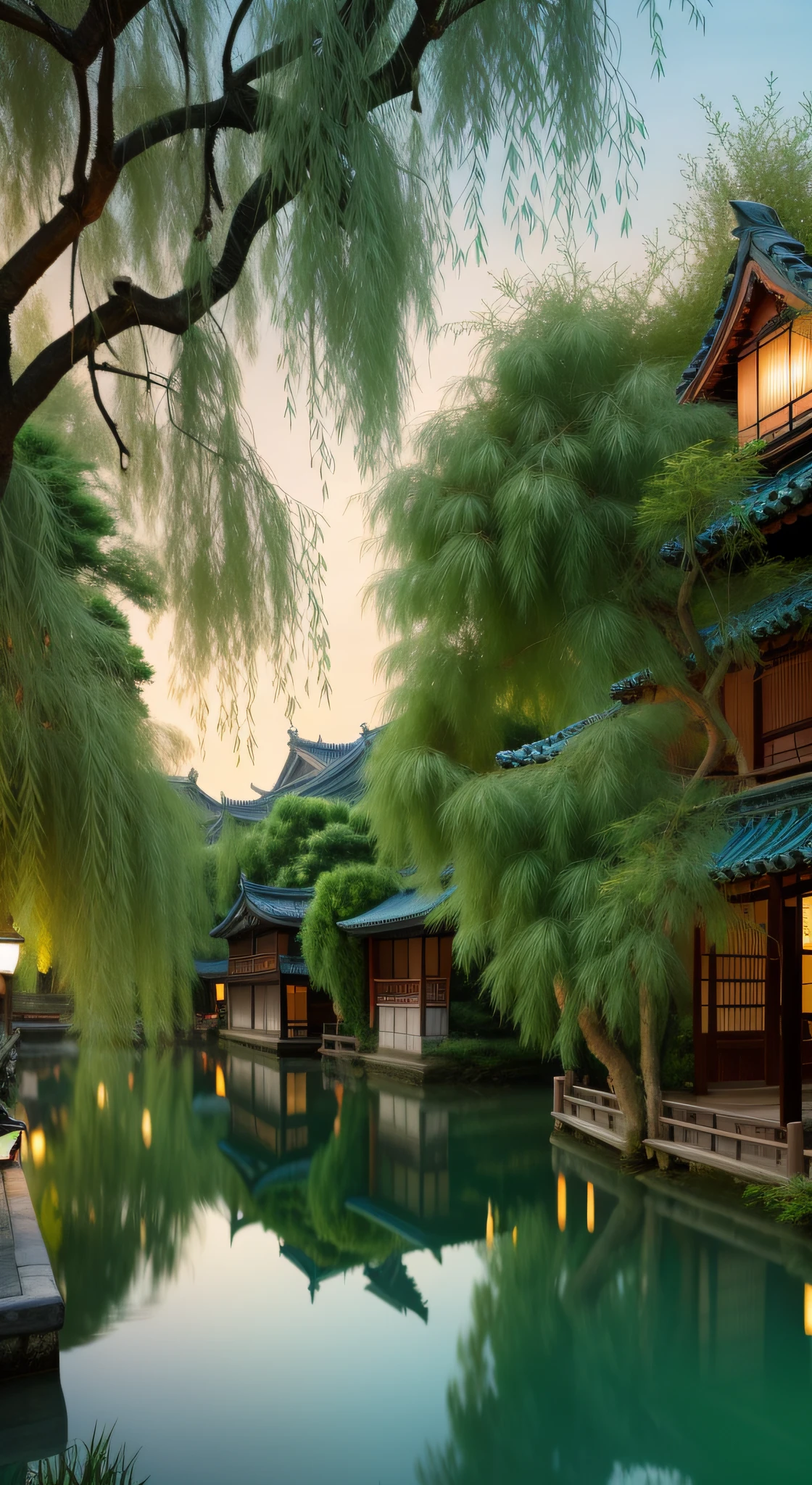 Trees and shrubs are reflected in the water of the canal, dreamy Chinese towns, Beautiful rendering of the Tang Dynasty, Chinese village, Japanese village, lush japanese landscape, Weeping willows, beautiful digital painting, quiet and serene atmosphere, japanese town, old asian village, Inspired by Ma Yuan, stunning digital painting, Chinese landscape, Beautiful oil matte painting, kyoto inspired, Gorgeous digital painting
