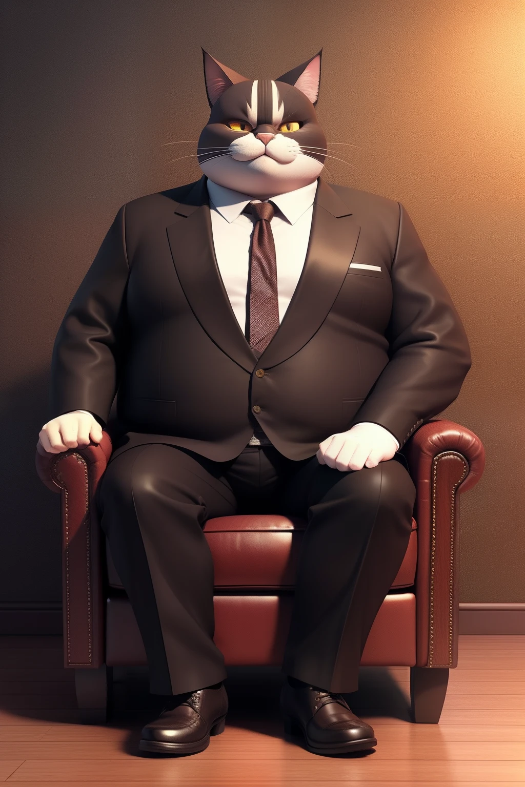 An old fat mafia tomcat sitting in a leather armchair, 3D video rendering, pixar character