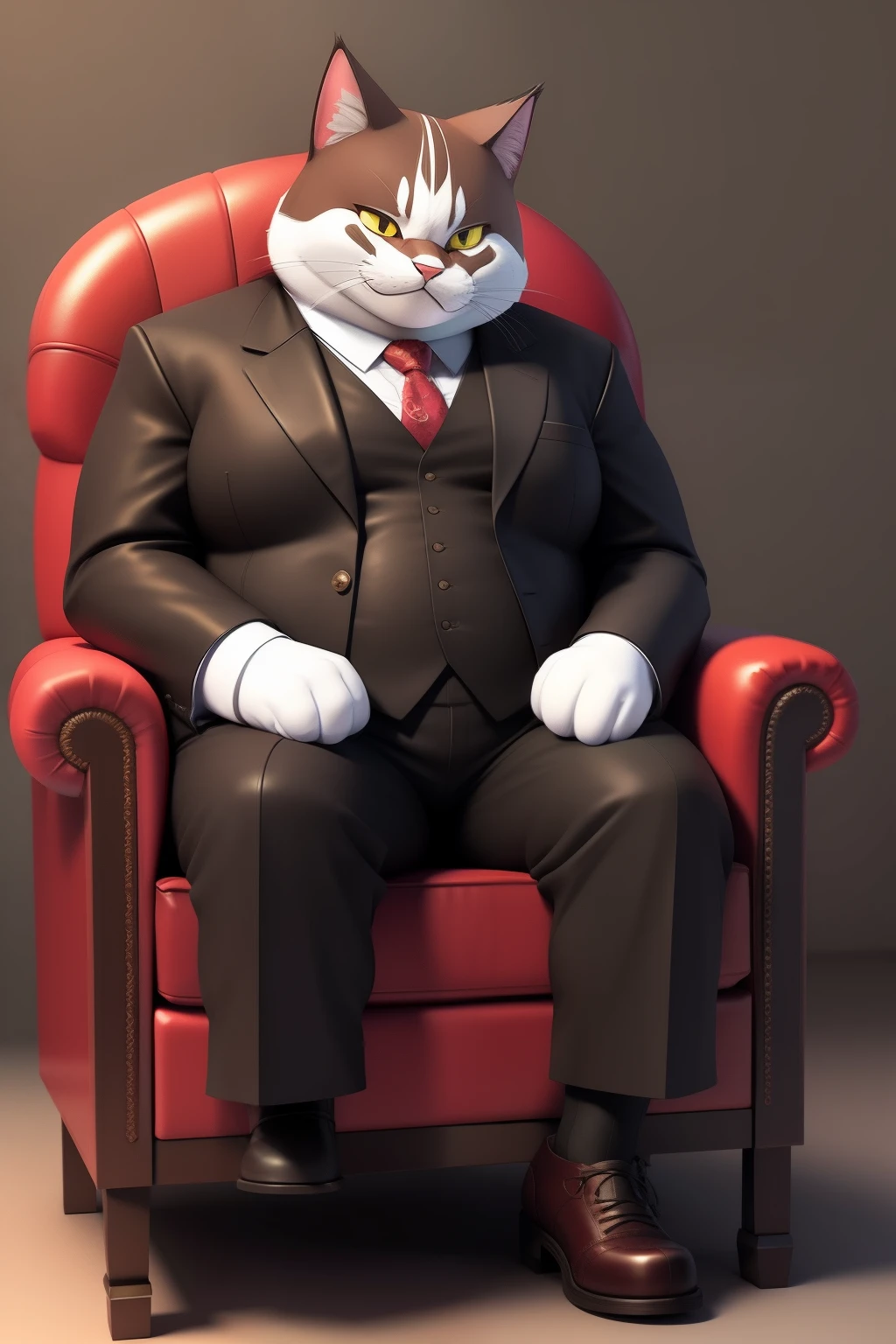 An old fat mafia tomcat sitting in a leather armchair, 3D video rendering, pixar character