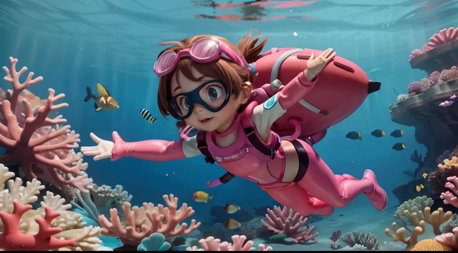 "High quality, masterpiece, a 5--old l, brown hair, pink diving suit, pink diving pants, pink diving gloves, pink diving shoes, wearing goggles on the face, swimming towards the camera, underwater, ocean floor, coral reef, fish."