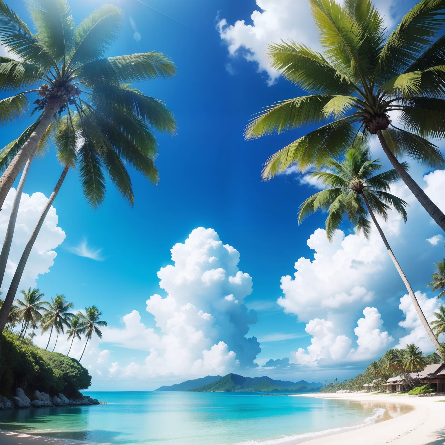 Southland、Resort、Emerald Green Sea、High transparency、Palm trees、vague、top-quality、masterpiece、超A high resolution、blue-sky