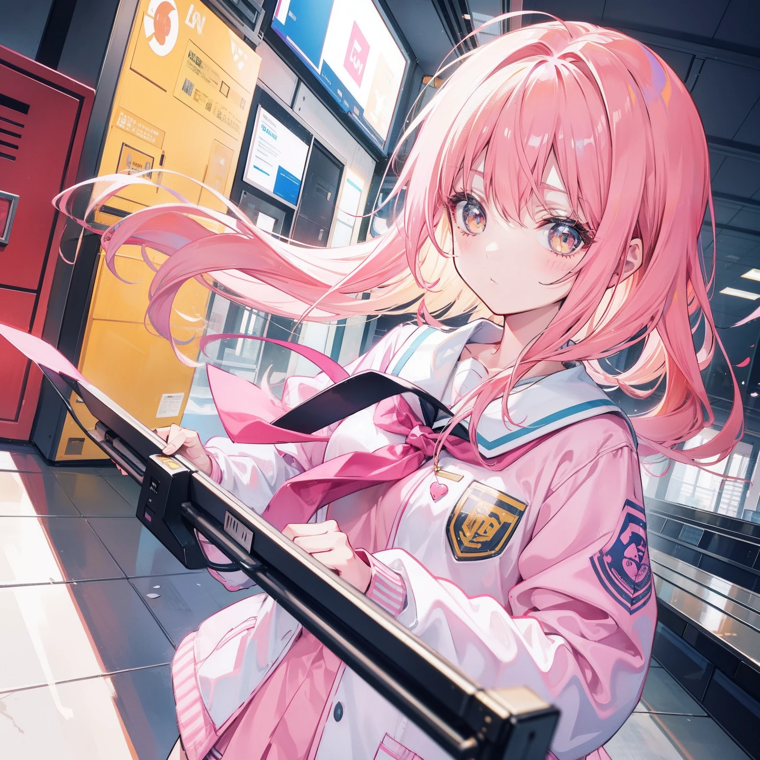 Pink yellow hair,Wear a jacket school uniform,Sweet girl