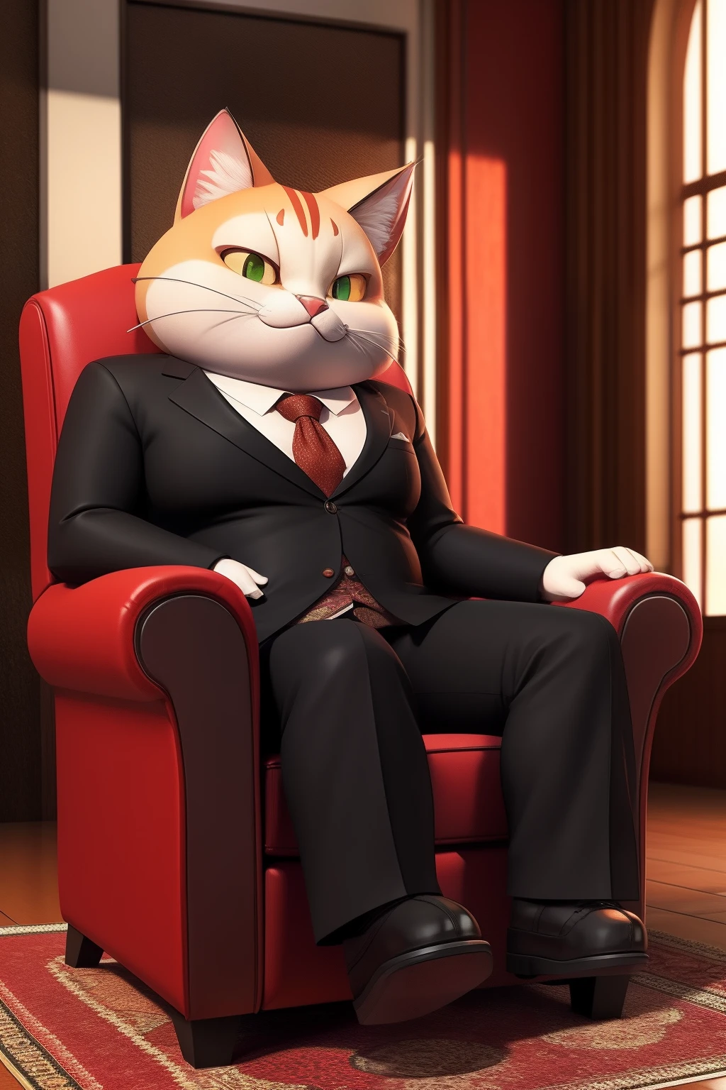 An old fat mafia tomcat sitting in a leather armchair, 3D video rendering, pixar character