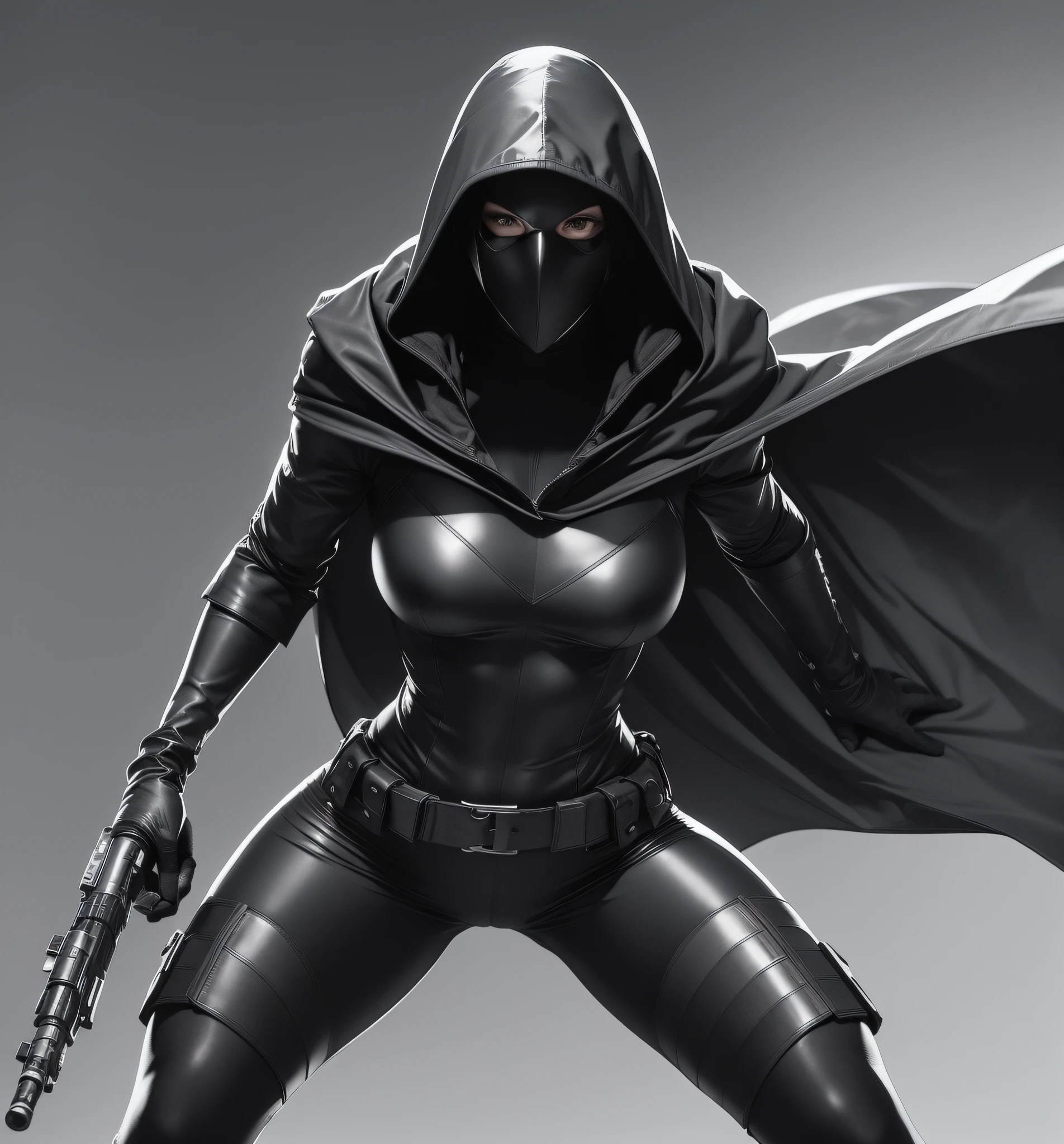dark urban hooded female superhero. black tight uniform with gray details and trims. gray gloves and gray boots. full black mask. gray cape. action pose. unusual perspective. unusual camera angle. terror movie dark city at night. high contrast sharp picture. photorealistic. hyperrealistic.