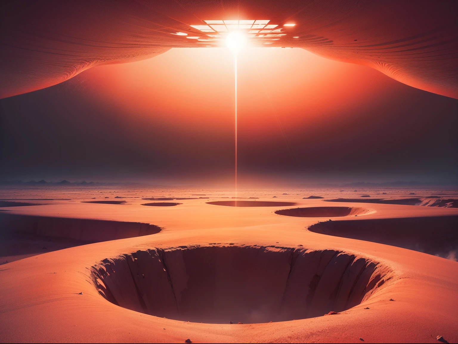 red desert,All red minimalist style,Soft light effect,Light fog light flow,Light wave field,A hazy world,Red filter,Gradient transitions,Fantastic space atmosphere,Asymmetrical picture,Strange angle shooting,Minimalist cubism,anomalous