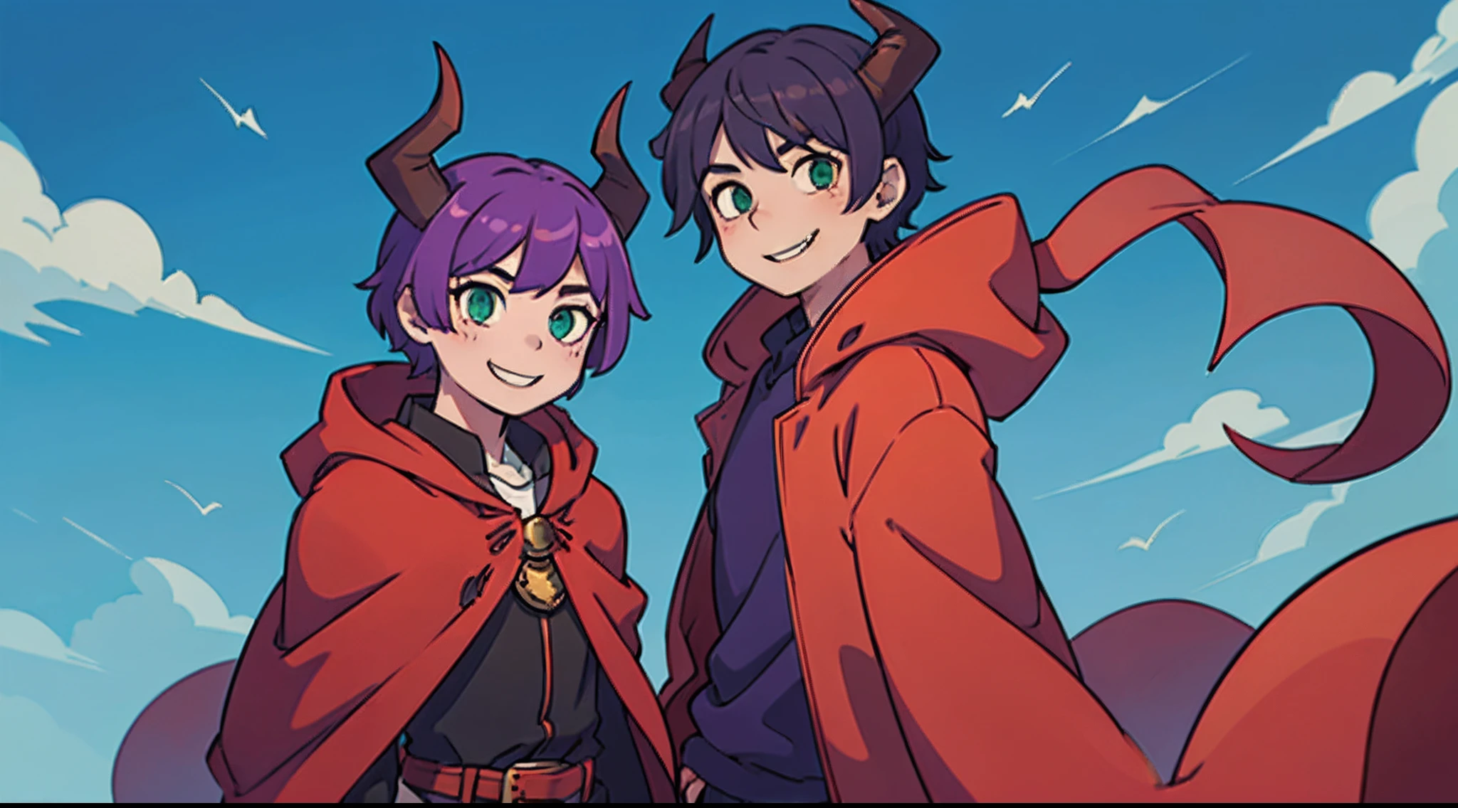 top-quality、masterpiece、((Deformed))、Boy with short purple hair、Green eyes、demonic horns、A smile、red cloak、Composition that reflects the whole body、Game Distribution、Thumbnail image、Blue background