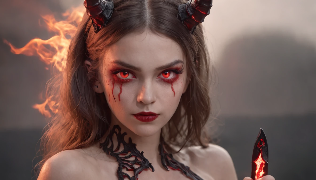 Emma Watson transforming into a demon, demon horns, (black leotard), ((red skin, demon wings)), brown hair, sultry expression 