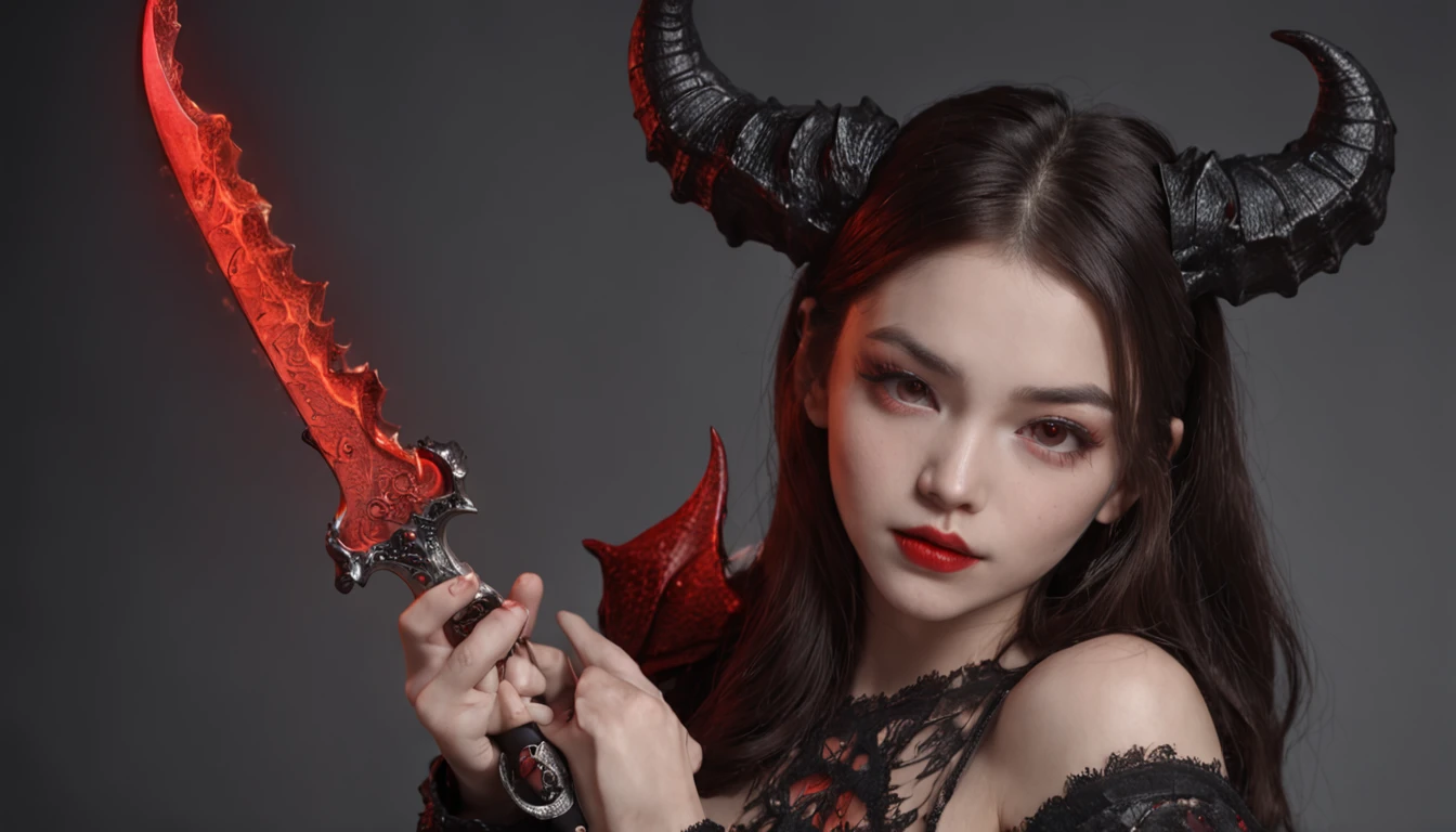 A young girl holds a demon knife,The demon knife emits dragon-shaped flames,Girly red lips,Charming eyes,The chest reveals fullness,with fair skin,The butt reveals fullness