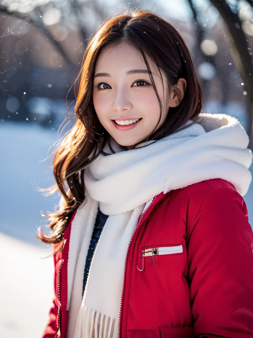 Photorealsitic、Enhanced dynamic perspective，a beauty girl，Winters，snowscape，snowflakes flying、（Lots of snowflakes：1.4），snow cover，Black and red down jacket coat，Thick wool scarf，Look at me and smile，simple backgound，Works of masters，high quarity，4K resolution，super-fine，Detailed pubic hair，acurate，Cinematic lighting