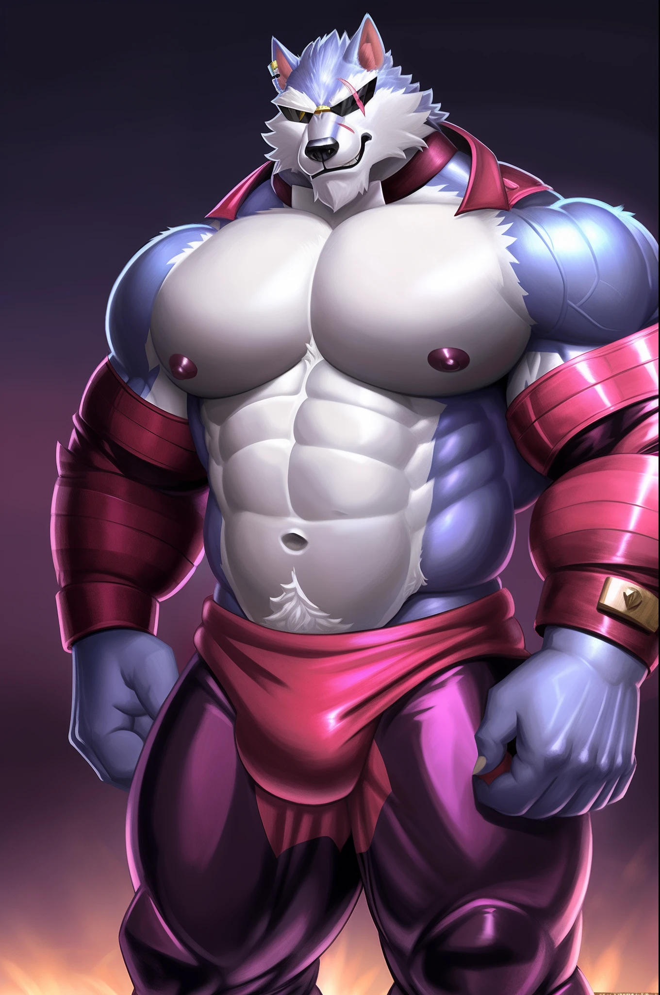 imagem de estilo de um homem com um corpo semelhante a um lobo e uma camisa, lobisomem musculoso, peito fofo, musculoso! Branco, peito peludo, super buff e cool, Commission for High Res, Lobo Peludo, thick furry neck and fluff on his chest, corpo peludo, Arte peluda!!!, forte e imponente, thicc, musculoso!!!, corpo fofo, big muscle, large muscles, roupas latex, cintas , roupas apertadas e marcadas com musculos , fazendo pose , flexionando os musculos