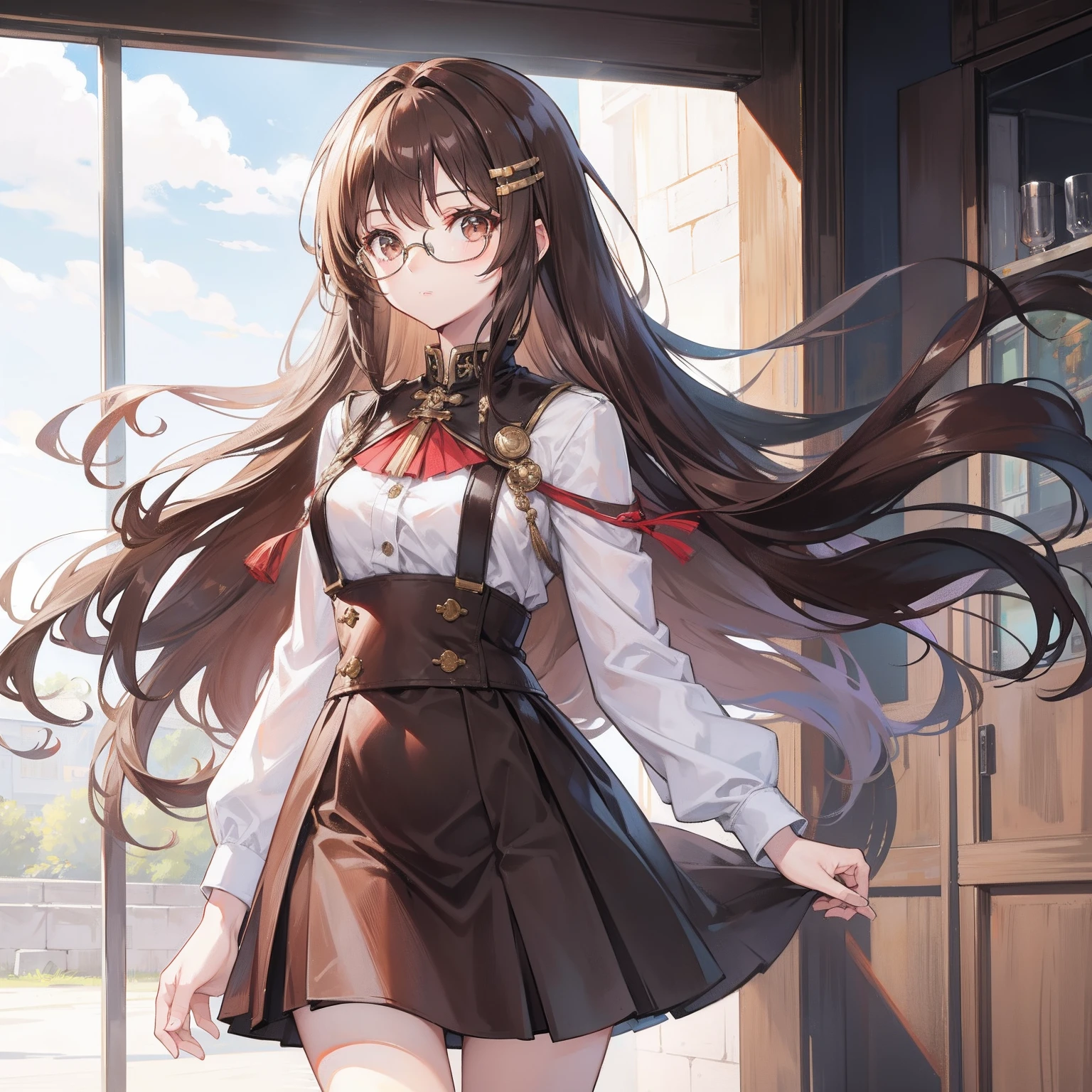 Long brown hair,Brown hip skirt,Imperial sister wearing glasses