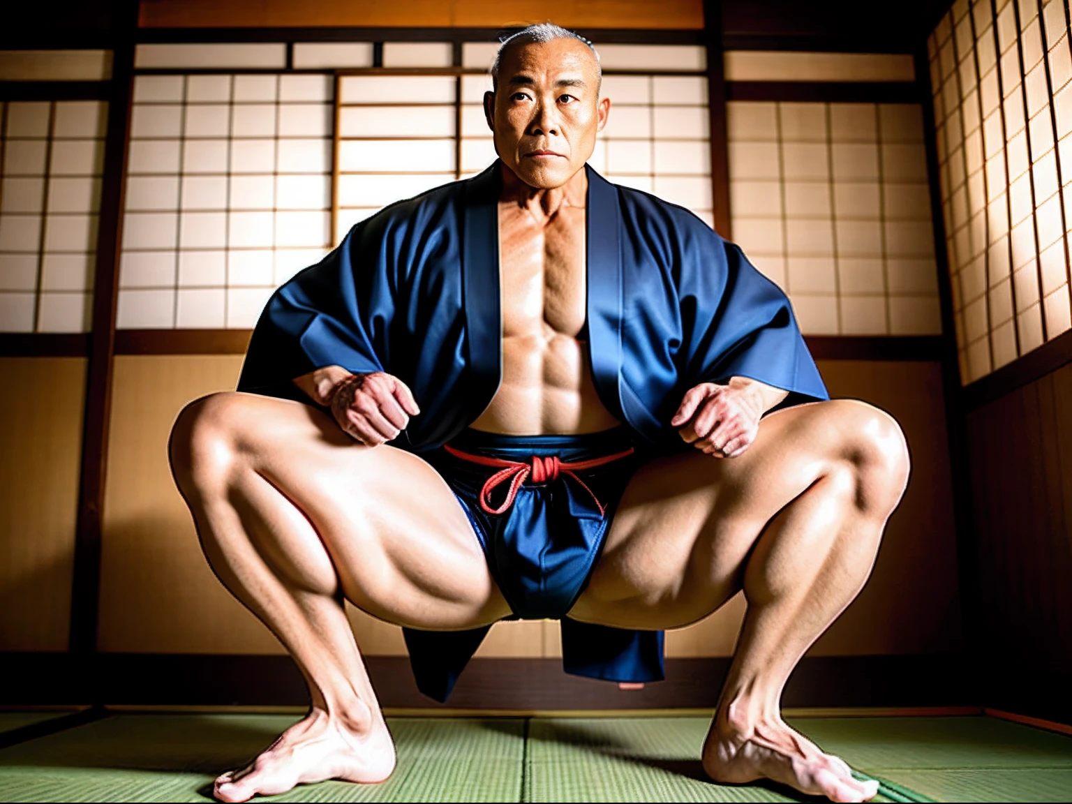 (male people),60 years old,Samurai clothes,Strong build,(in a kimono),The reveal panties,In old Japanese houses,On tatami,large bulge,The crotch faces the camera,The camera is focused on the crotch,High fidelity,Sexy action,Hands touching the crotch,Sexy action,Wear socks,well-illuminated,Warm lighting