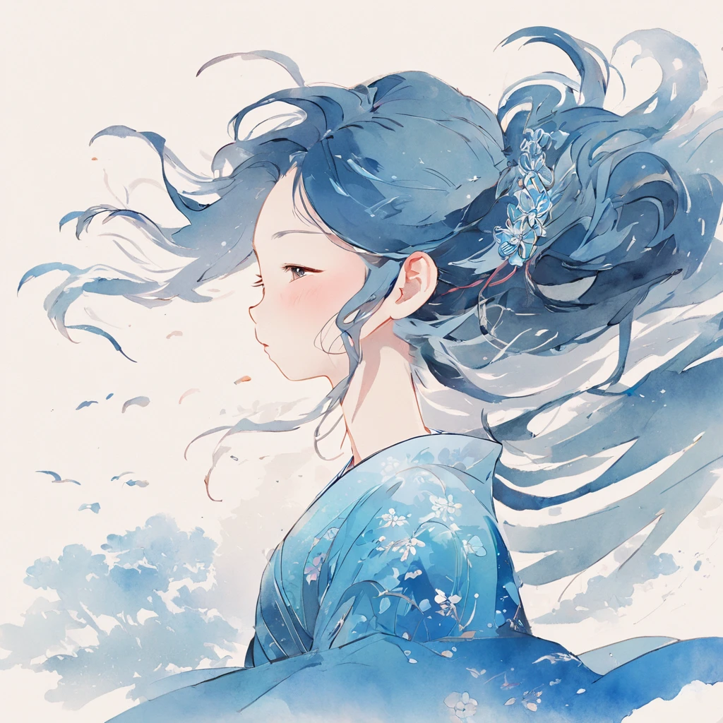On White Background、The silhouette of a girl's head emerges gracefully。She has her eyes closed.、Colorful long hair swaying in the wind brings oriental elements with a breeze。Blue watercolor touch is used delicately、The picturesque texture adds a beautiful depth。This image is、It incorporates elements of traditional Chinese illustrations and delicate paper art.（Chinese Illustration：1.3，paper art：1.3, Quilted Paper Art：1.2）、Although its design is reasonable,、Clear lines and high-quality features are perfectly blended。Detailed details down to the smallest detail、Inviting the viewer into the realm of emotion、Movie by Light Effect at 4K resolution、It shines beautifully。