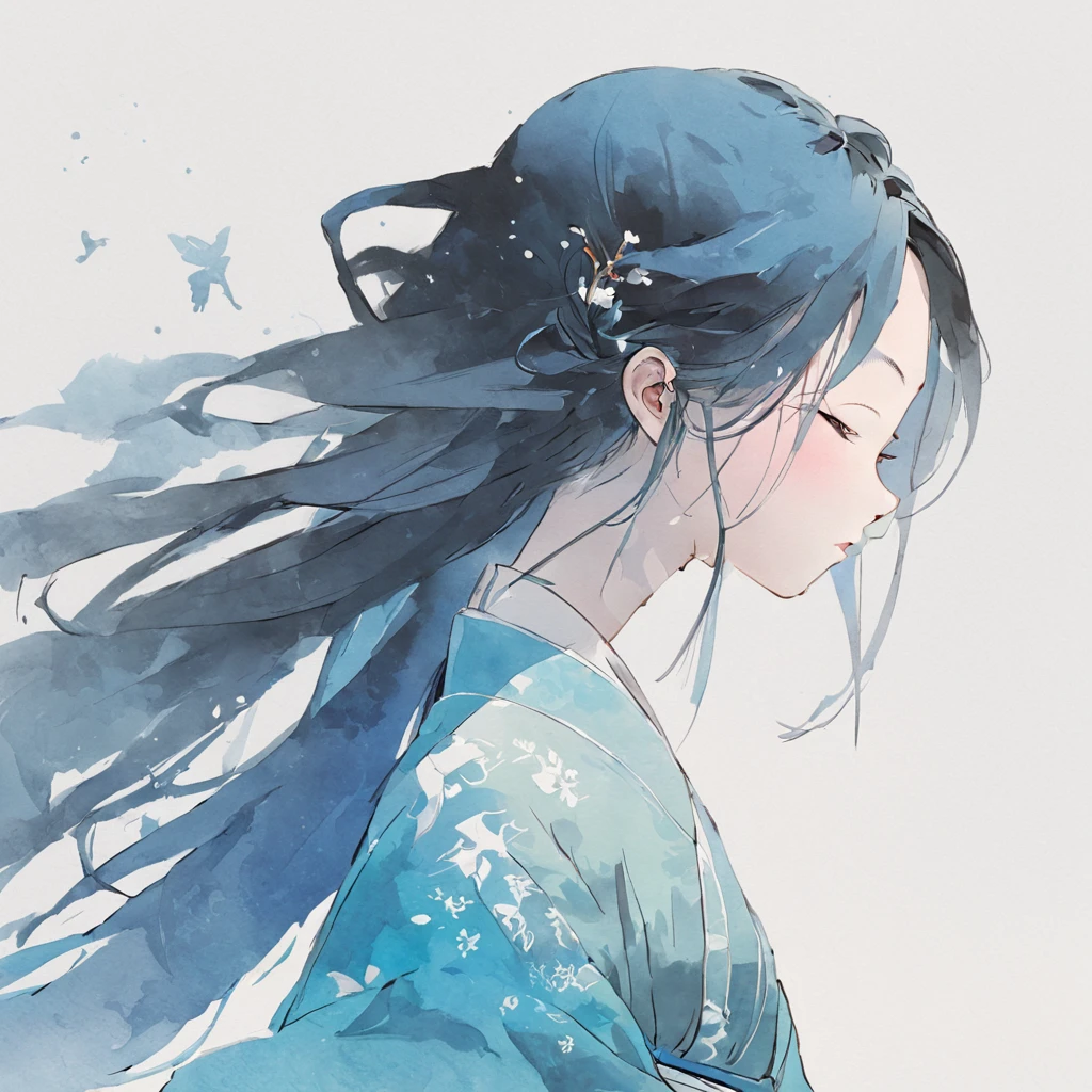 On White Background、The silhouette of a girl's head emerges gracefully。She has her eyes closed.、Colorful long hair swaying in the wind brings oriental elements with a breeze。Blue watercolor touch is used delicately、The picturesque texture adds a beautiful depth。This image is、It incorporates elements of traditional Chinese illustrations and delicate paper art.（Chinese Illustration：1.3，paper art：1.3, Quilted Paper Art：1.2）、Although its design is reasonable,、Clear lines and high-quality features are perfectly blended。Detailed details down to the smallest detail、Inviting the viewer into the realm of emotion、Movie by Light Effect at 4K resolution、It shines beautifully。