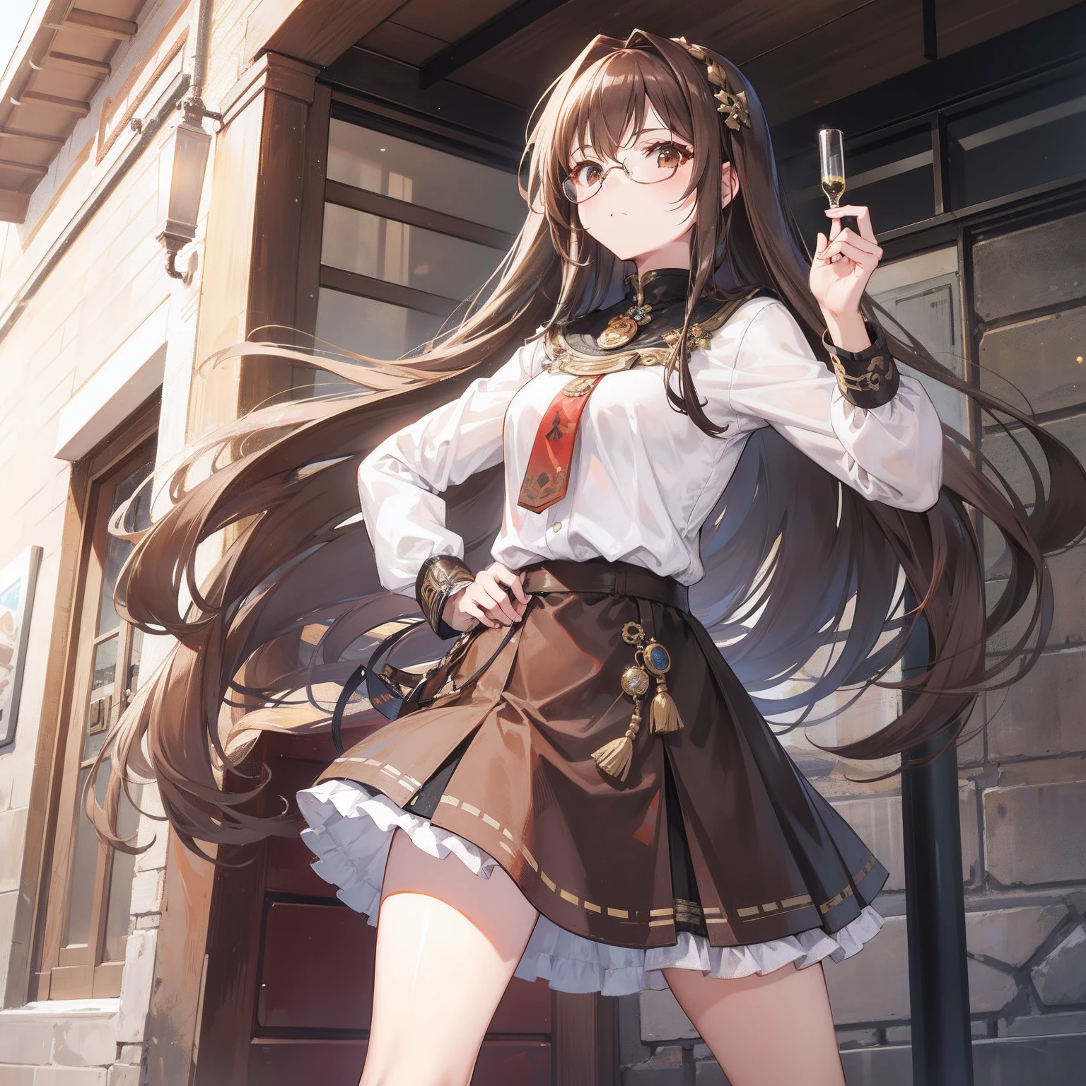 Long brown hair,Brown hip skirt,Imperial sister wearing glasses