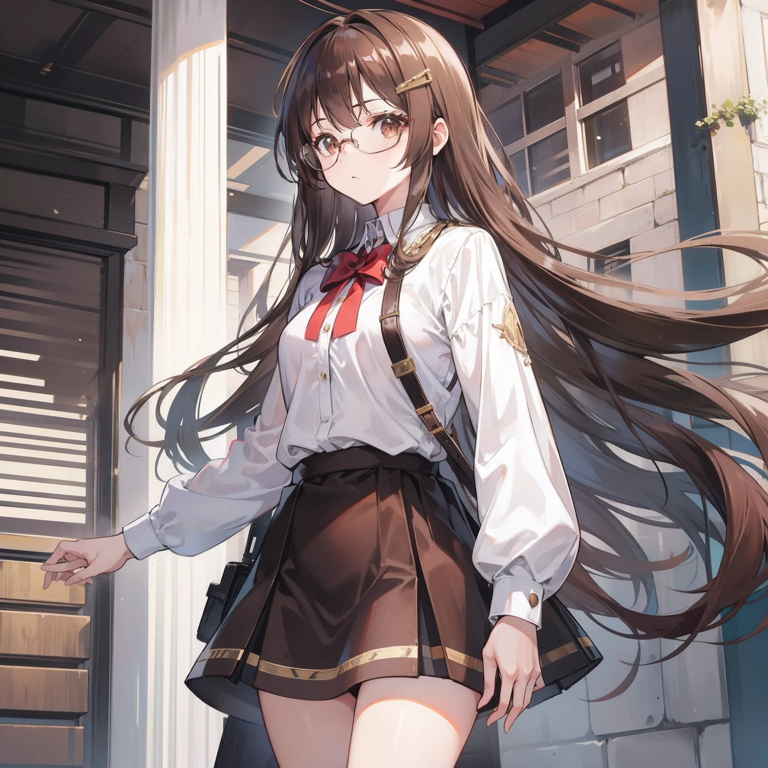 ((Tabletop, Highest quality, High resolution, , Pixel Perfect, 4K,))), 1 female, 、The whole body is visible、 ((Long Wavy Hair, bangs, Brown Hair)), ((Brown eyes, Beautiful eyelashes, Realistic eyes)), ((Detailed face, Blushing:1.2)), ((Smooth texture:0.75, Realistic texture:0.65, Realistic:1.1, Anime CG Style)), Medium sized breasts, Dynamic Angle, Perfect body, (( , , Beautiful Priest、、 Priest off-shoulder jacket、Priest Flare Skirt、、)), Gold Hair Ornament、Cross Necklace、、Very embarrassing panic smile, 、Gorgeous church basilica、、、、Hold a big Bible、、、、Lace panties are visible、Bring your arms together、Stick your butt out、、、 、Angle from below)、